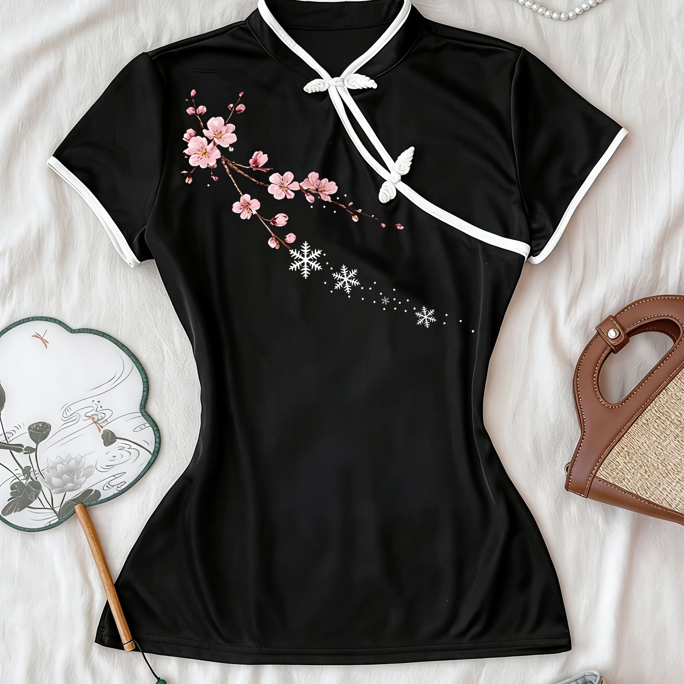 TEMU Chinese-style Printed Color- Collar Button-up Cheongsam-style Short-sleeve Slim-fit T-shirt Top For Women