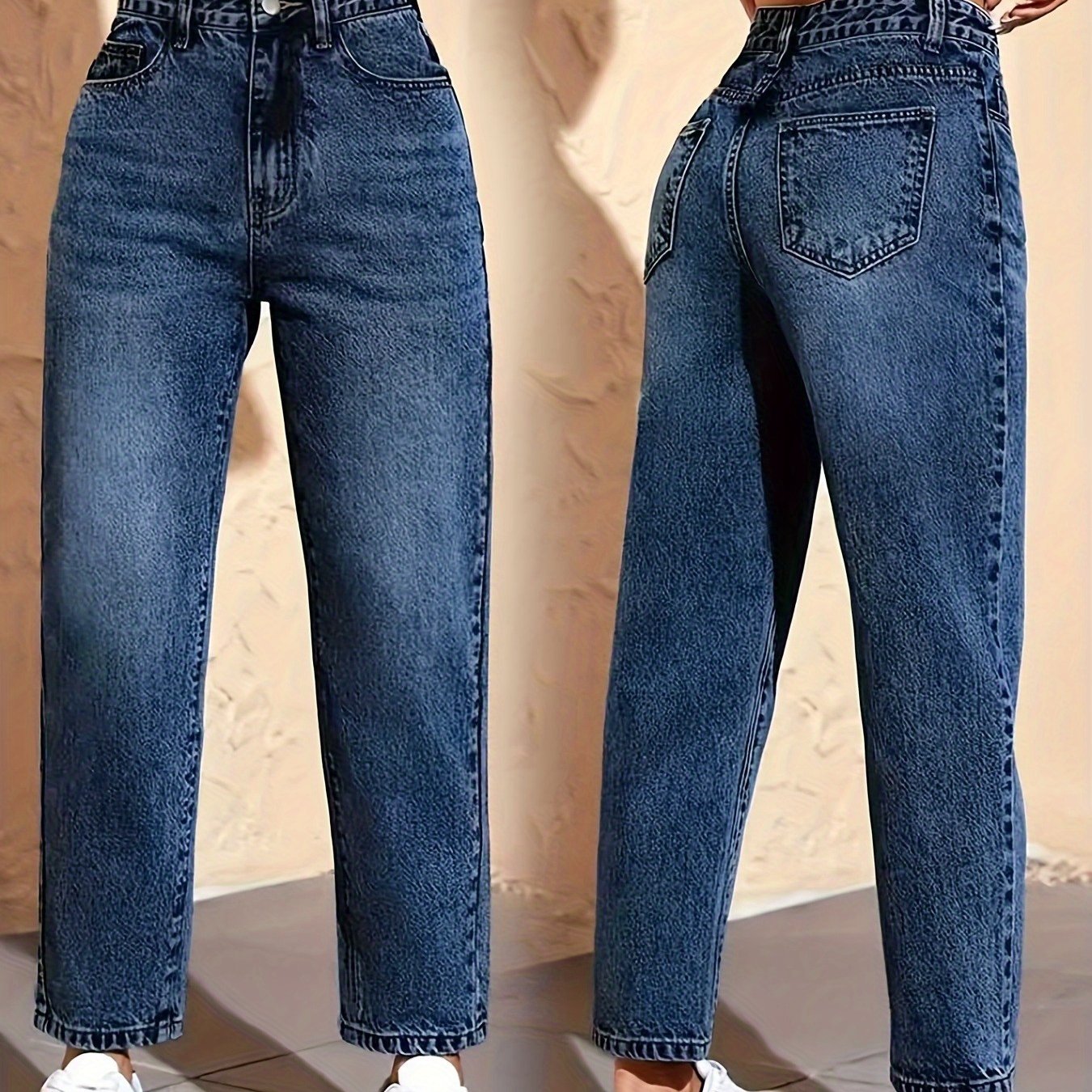 Image of Women's Elegant Straight-leg Stretch Jeans - Medium-stretch Blue Washed Pants With Straight-cut Leg For Wear, Machine Washable Casual Trousers For Commuting, Dates & Everyday (non, Fit)