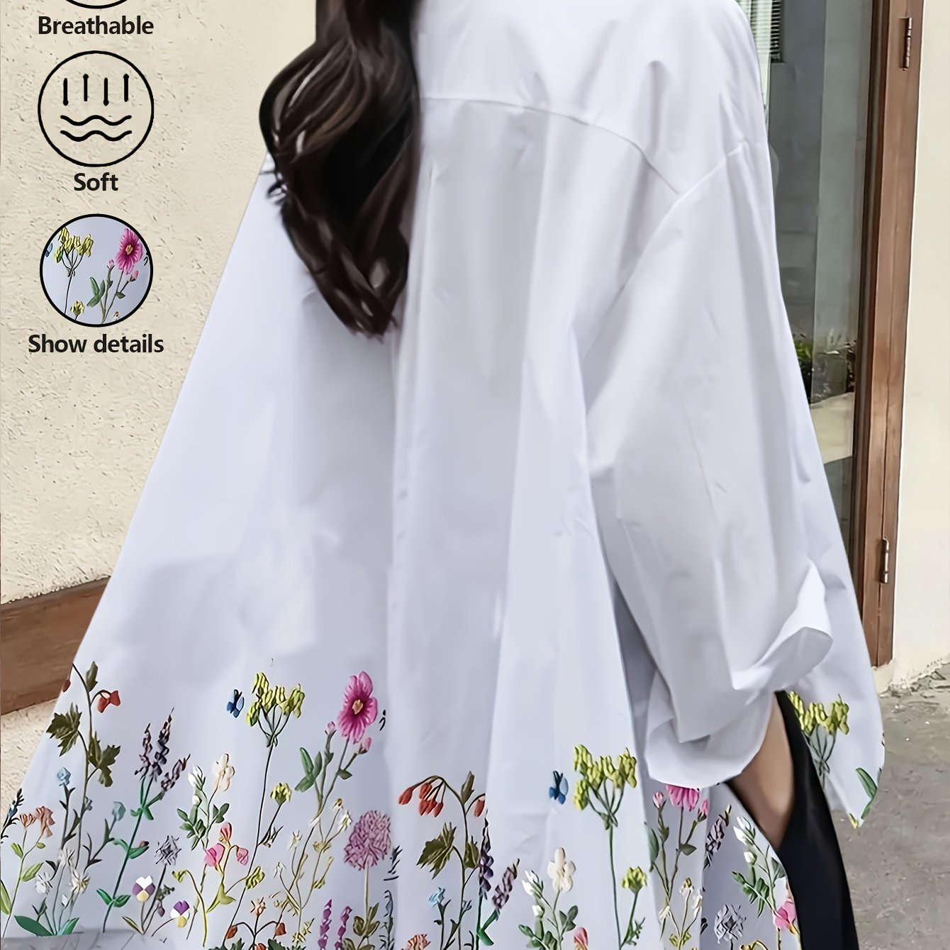 E-shop Damen-Shirt in Übergröße mit modischem Blumendruck, kurzem langem hinteren Design sowie großem Kragen