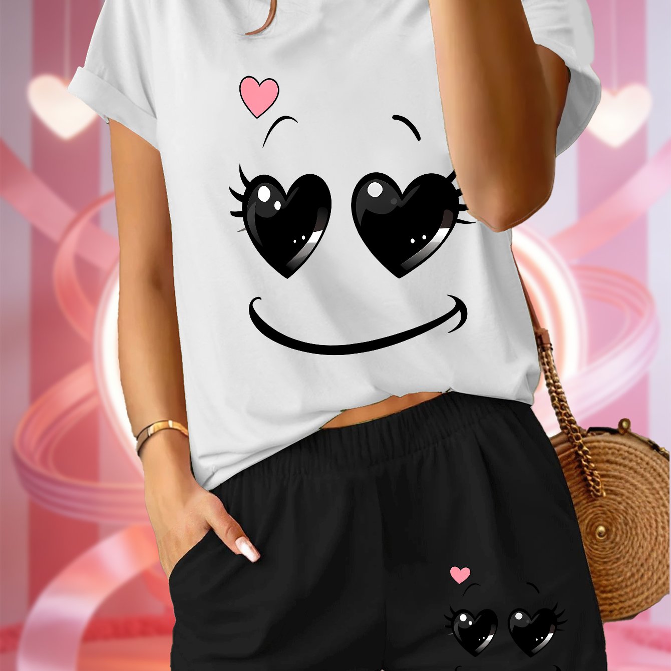 TEMU 2pcs Y2k Women's Sportswear | Summer Casual Loose Crew Neck Short Sleeve T-shirt And Shorts, Printed With Cartoon , Suitable For Daily And