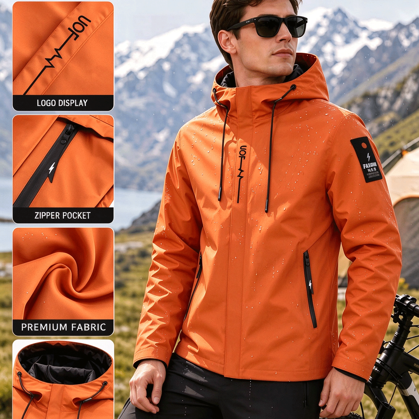 Men's Plain Print Full-Zip Hooded Jacket for Outdoor Activities