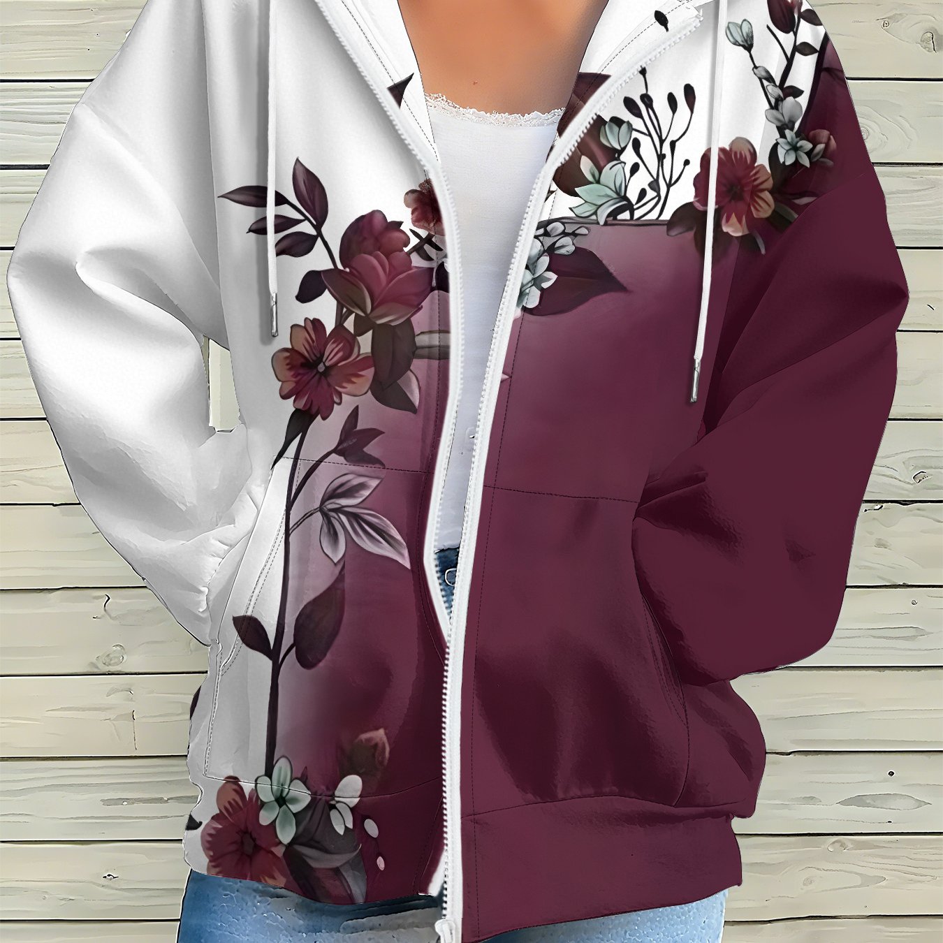 TEMU Plus Size, Women's Color-block Floral Pattern Fashion Long-sleeve Hooded Sweatshirt Jacket