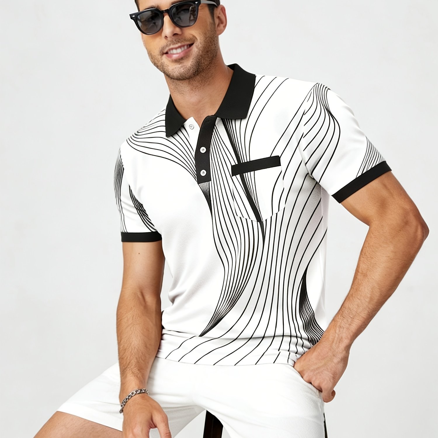 E-shop Stylisches Herren Polo Shirt mit kurzen Ärmeln und modischen Mustern für den Sommer, mit dynamischem Streifendesign und einer schlagfertigen