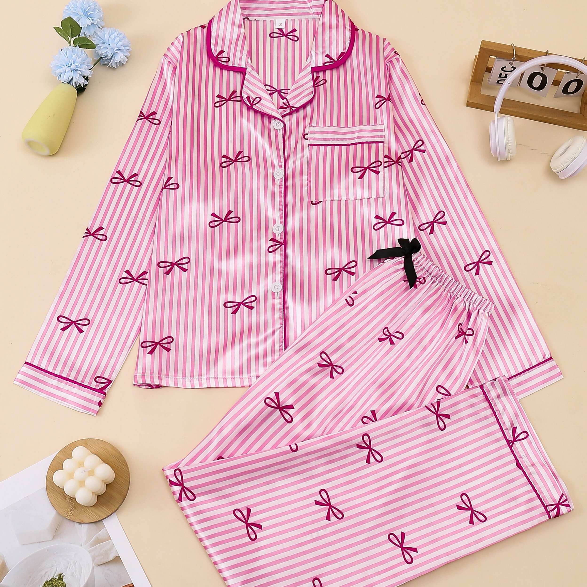 TEMU Ladies' Pink And White Striped Bow Print 2pcs Set, Refreshing Pajamas, Casual Regular Long Sleeve And Pants Set With Elastic Waistband, Spring