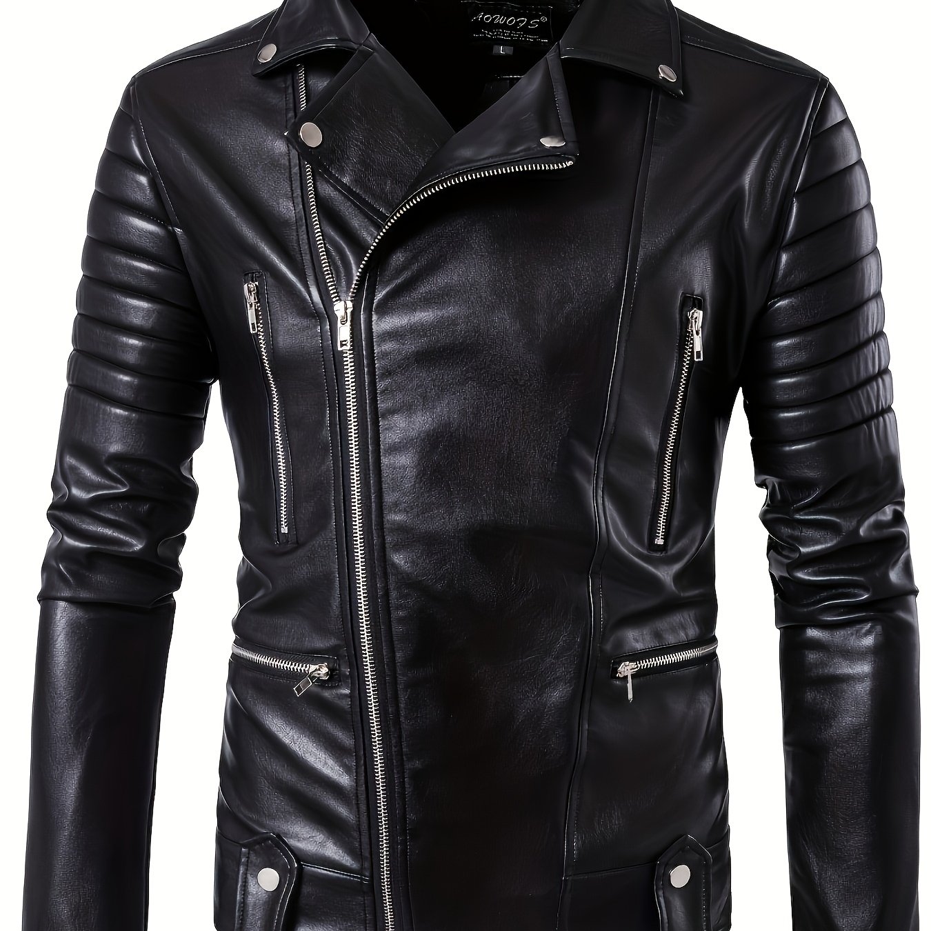 TEMU Men's Asymmetrical Motorcycle Jacket, Multi-zipper, Solid Color Long Sleeve, Multi-pocket, Casual Fashion Motorcycle Outerwear