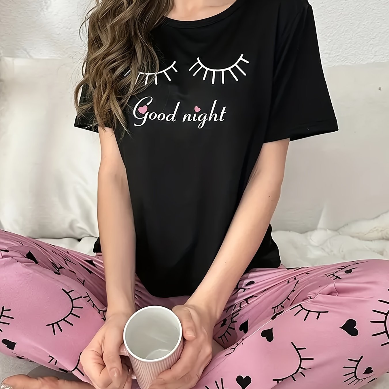 TEMU Eyelash & Slogan Print Pajama Set, Casual Short Sleeve Round Neck Top & Elastic Pants, Women's Sleepwear