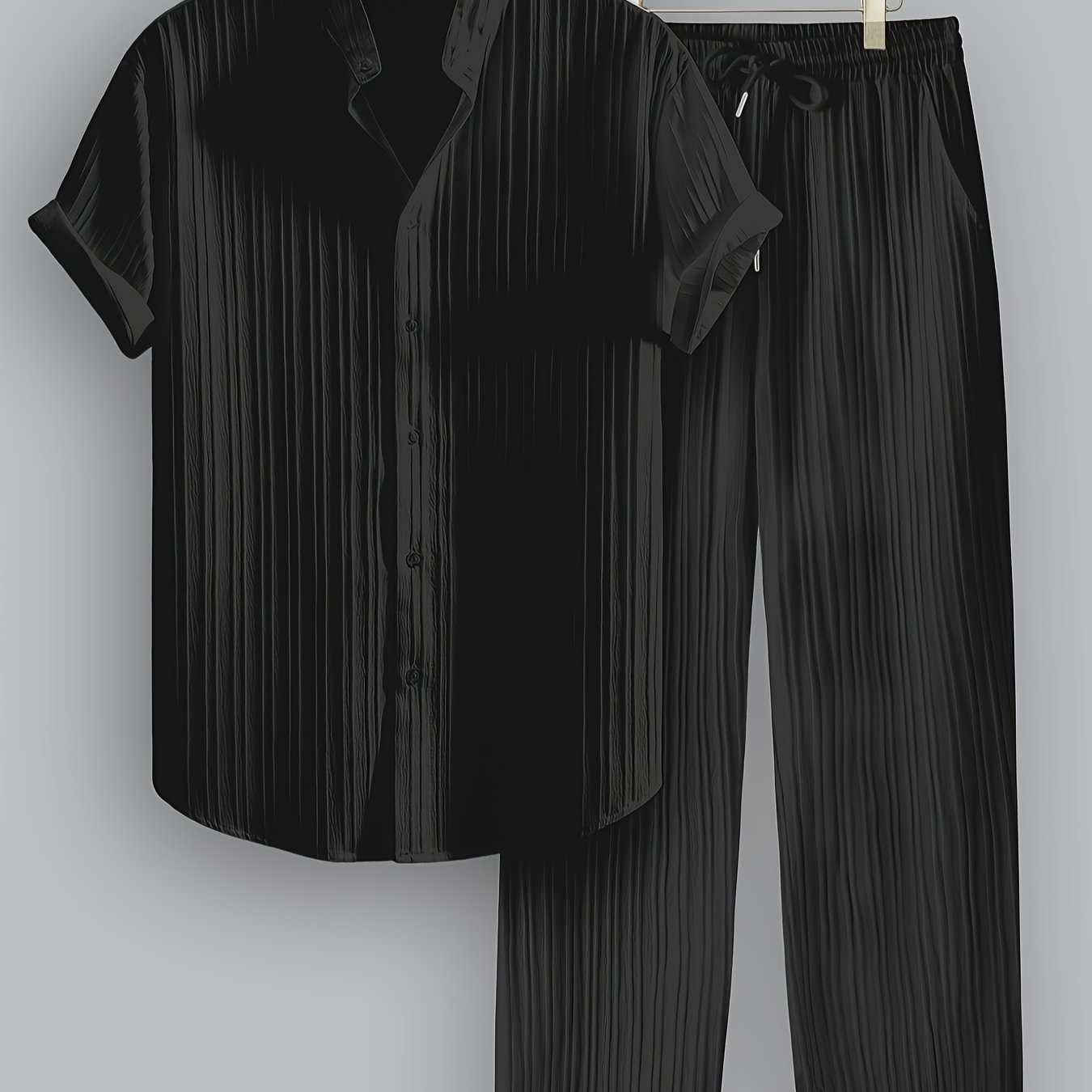 E-shop 2-teiliges Herren-Sommer-Set aus gestreiftem , kurzärmeliges Hemd mit Stehkragen Hose mit Kordelzug, nicht dehnbarer Stoff, geeignet für