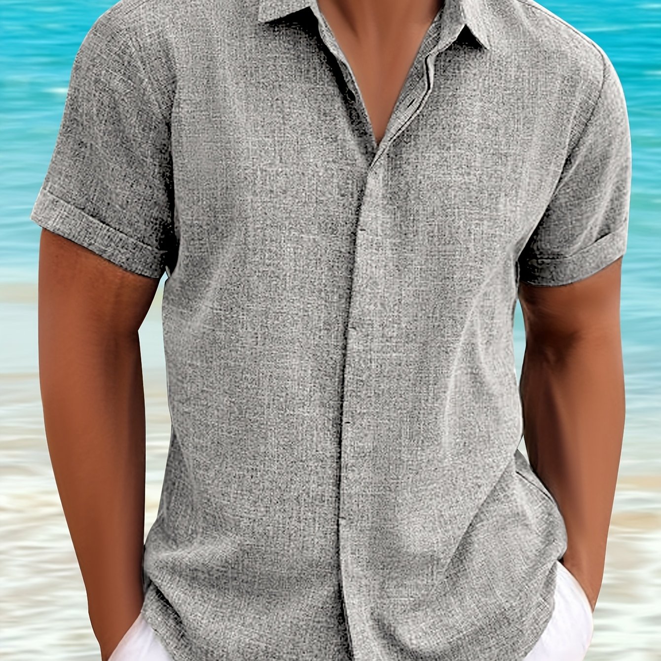 Men's Beige Mature And Stable Button-up Shirt, Invisible Button-up Shirt, Casual Easy Solid Color Short Sleeved Beach Summer Party Top