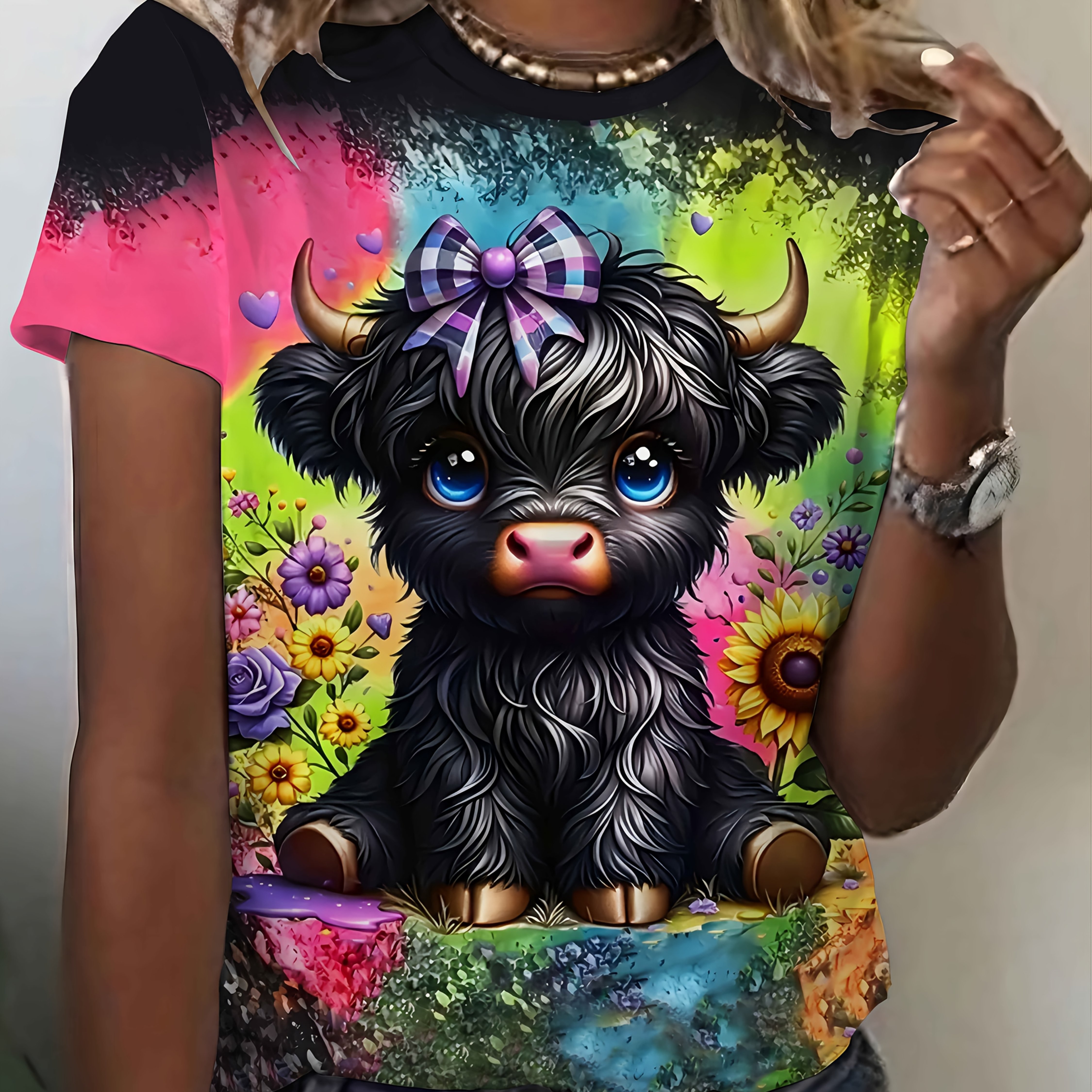 TEMU Cute And ! Colorful Floral Calf Pattern Short Sleeved Shirt, Women's Fashionable Round Neck Top, Women's Spring And Summer T-shirt