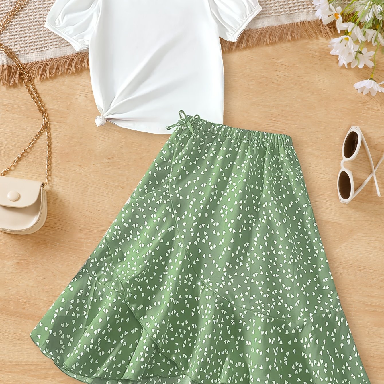 Girls' Fashion Bubble Sleeve Casual Short-sleeve + Heart Print Half-length Skirt With Irregular Ruffle Hem Two-piece Set