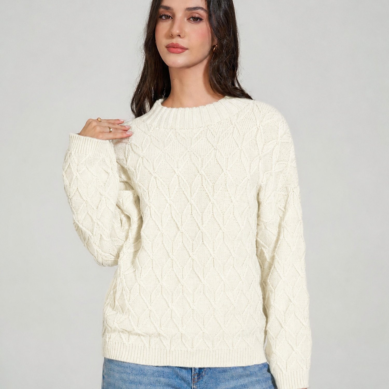 Image of Women's Crew Neck Cable Sweater, Oversized Long Sleeve Pullover, Fall Winter Casual Textured Loose