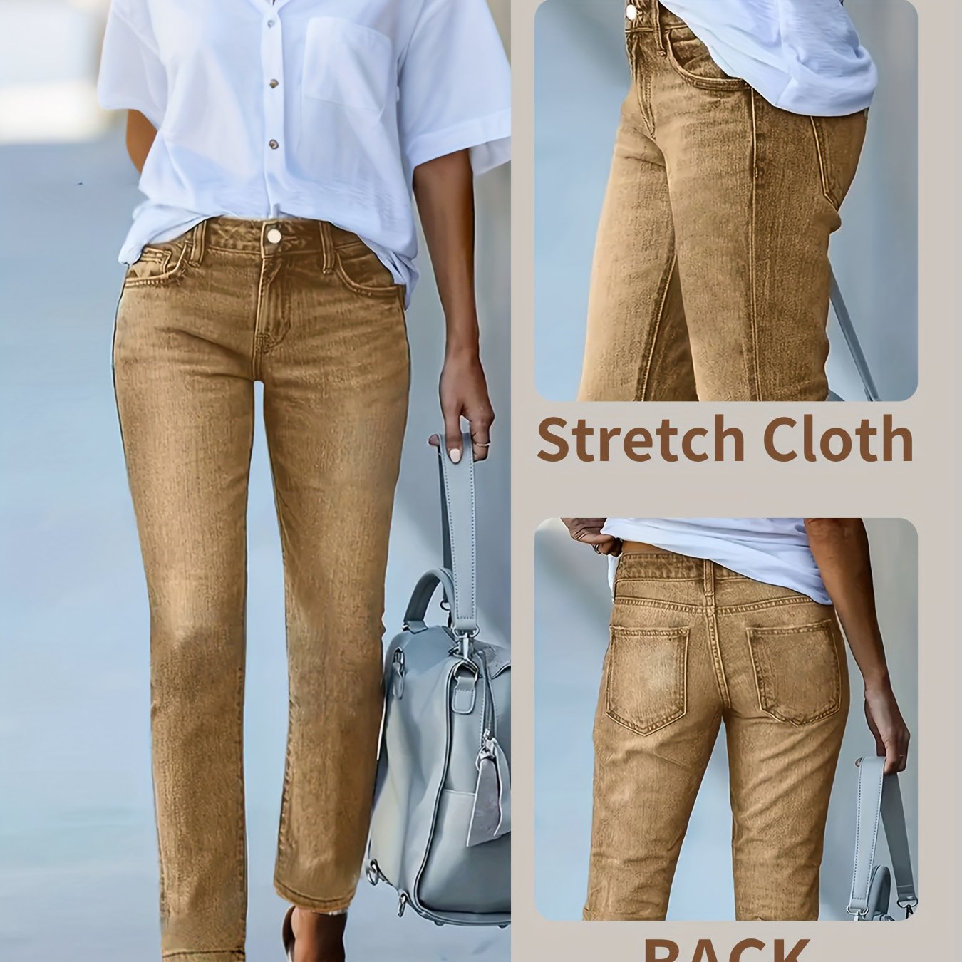 Women's Elastic And Fashionable Khaki Denim Trousers, Classic Small-leg Casual Pants, , Suitable For Dates, Work, Shopping, Traveling, Street Photography, And Slim-fitting Trousers