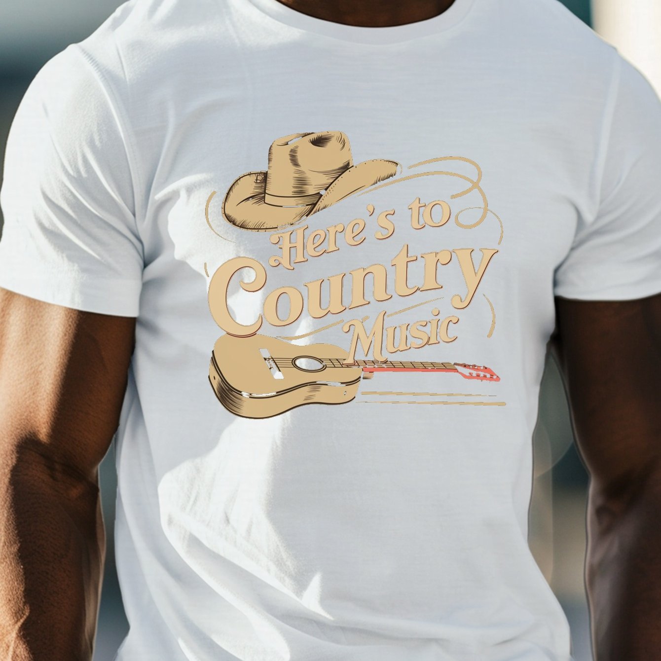 TEMU Men's T-shirt With Cowboy Guitar And Here S To Country Music Print, Men's Round-neck Short-sleeve T-shirt, Casual, Comfortable, Lightweight