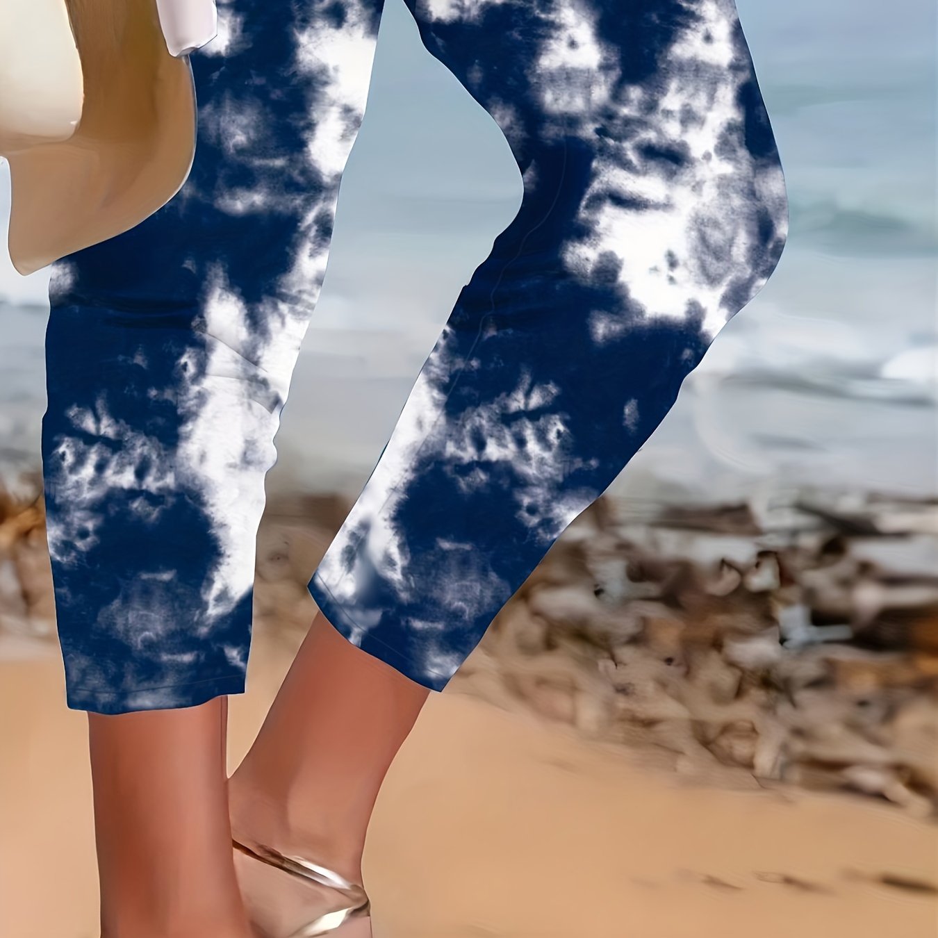 Plus Size Casual Pants, Women's Plus Tie Dye Print Medium Stretch Biker Pants