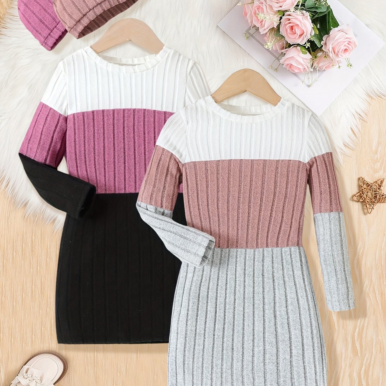 Girls' Soft Dress Set Of 2 With Hood, Suitable For Spring, Autumn, And Winter, 3 And Up