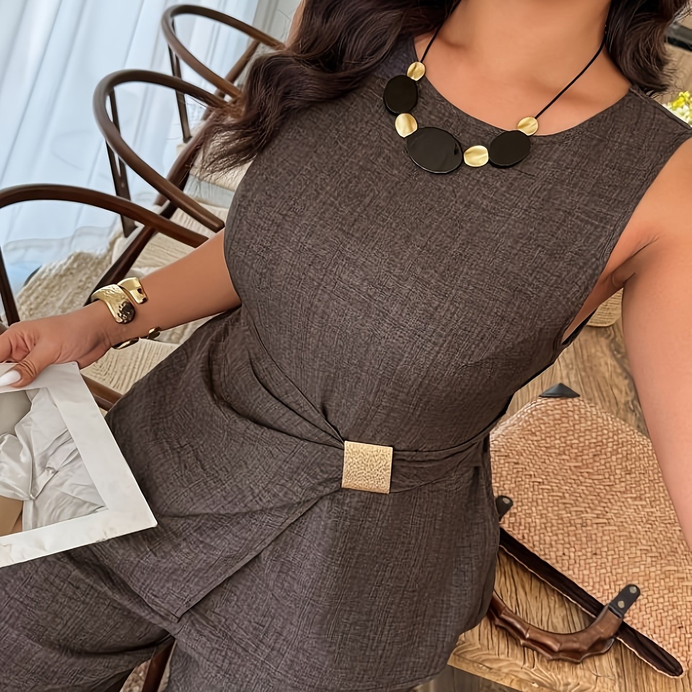 TEMU Taglie Forti - Set Casual da Donna Taglie Forti 2 Pezzi Senza Maniche con Fibbia Metallica Decorativa Schiena e Cintura con Chiusura in e