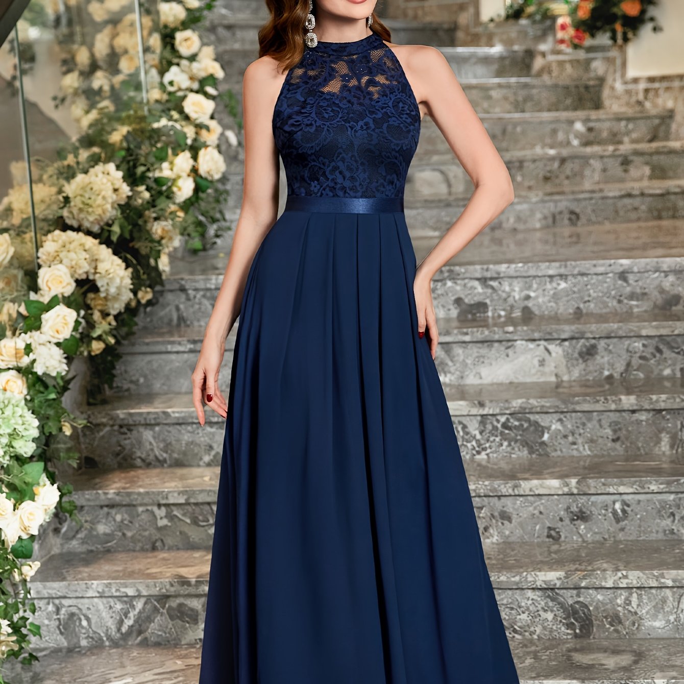 Women's Elegant Lace Halter Neck Sleeveless Chiffon Wedding Party  Bridesmaid Maxi Dress