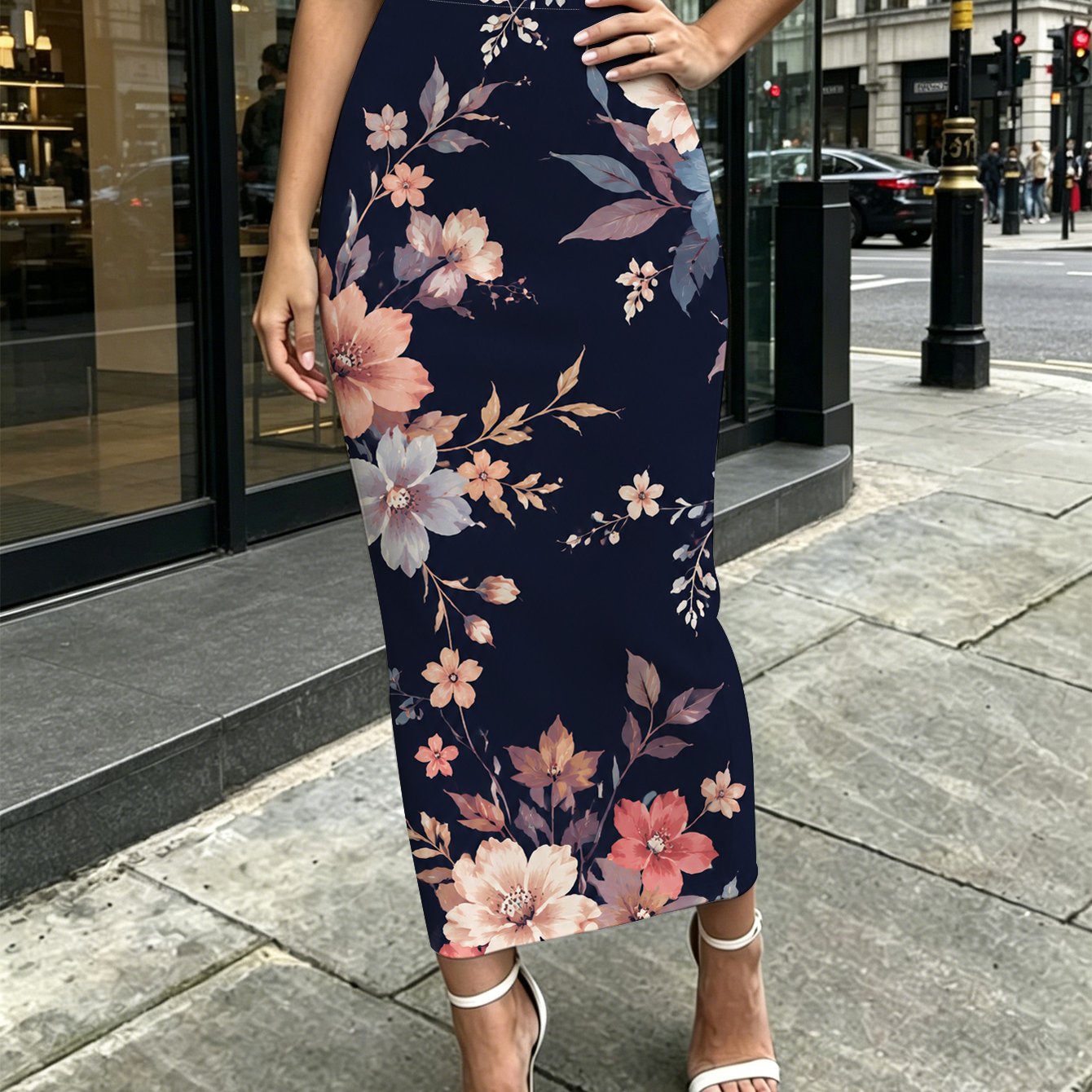 TEMU Vintage Floral Pattern Women's Printed Mid-length Hip-hugging Skirt For Office, Dating, Vacation, Picnic, Cafe, Shopping, Casual Wear