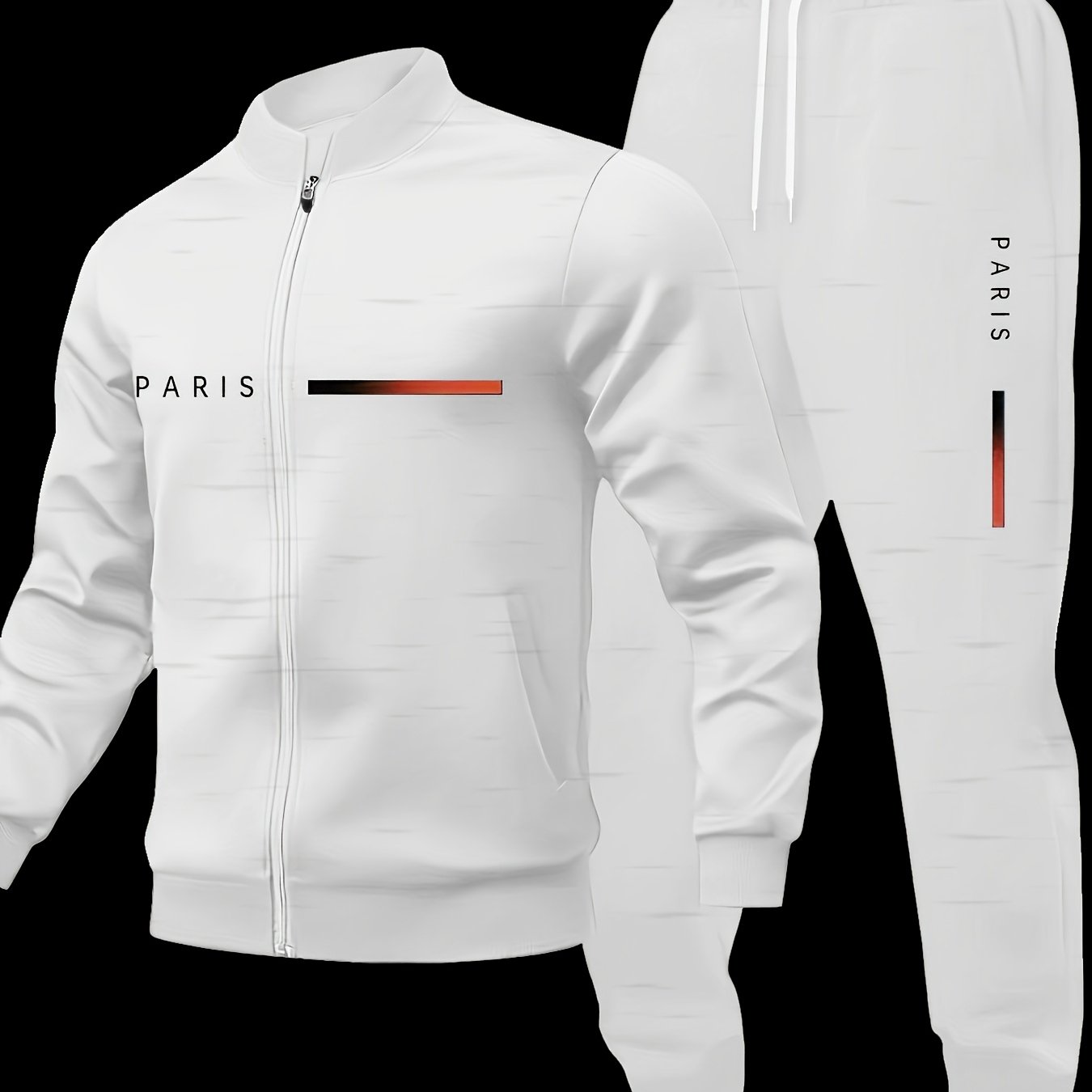 Image of 2pcs Men's Paris Letter Print Jacket And Drawstring Outdoor Casual Sports Pants Set | Autumn And Winter, Regular Fit, Vintage Style, Solid Color With Stretch Fabric