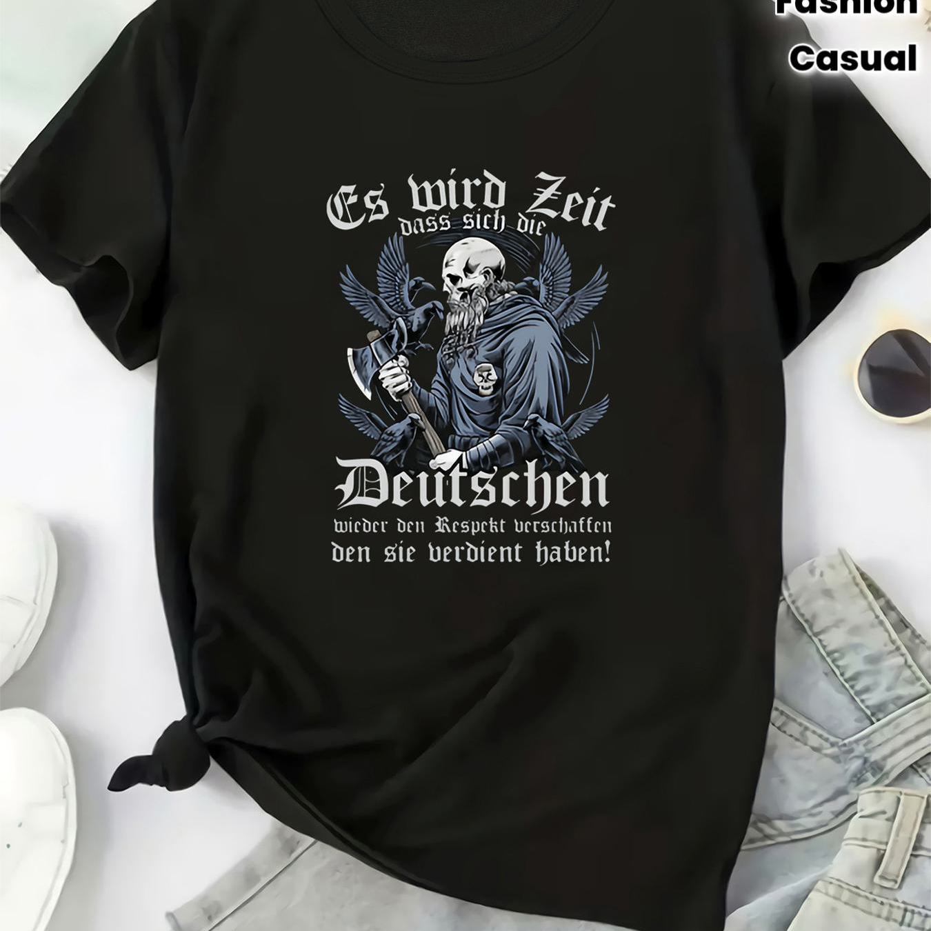 Plus Size Retro Medieval Hardcore Cool Individual Dark Gothic Viking Skull German Slogan Pattern Casual T-shirt Size 0 To 8xl Stretch Fabric Fashion W