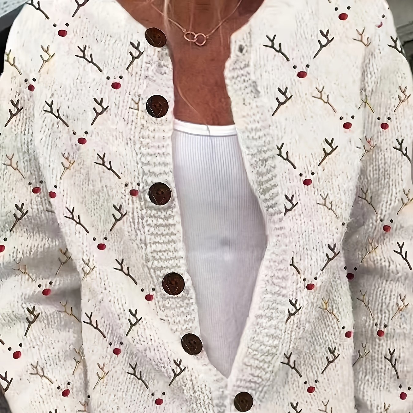 TEMU [2d Flat Pattern] 2026 Autumn Winter New Women's Christmas Deer Print Breathable Elegant Fashion Retro Pattern Printed Cardigan Sweater - ,