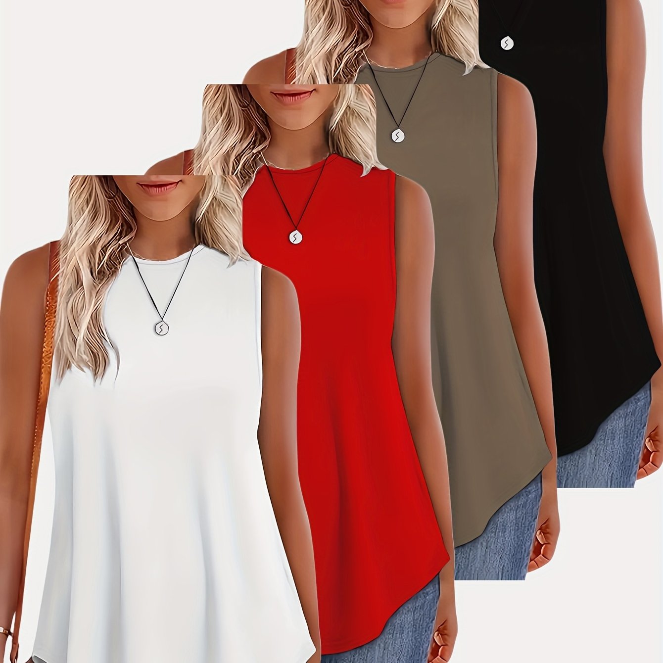 E-shop 4er-Set Damen Tanktops in Unifarben, Lockerer Schnitt, Rundhalsausschnitt, Mittlere Dehnbarkeit, Bequem für alle Jahreszeiten, Maschinenwaschbar