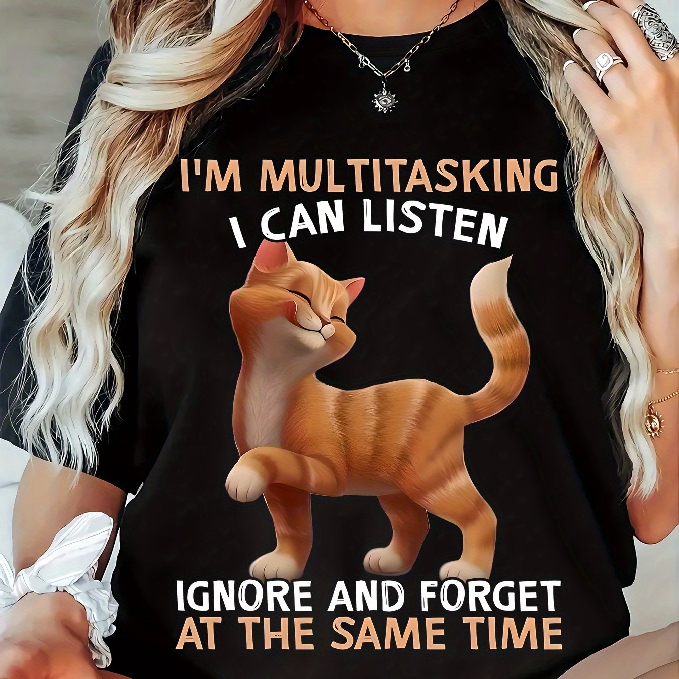 TEMU Women's Casual Graphic T-shirt - "i'm Multitasking I " , Knit Fabric, Round Neck Short Sleeve, Regular Fit, Machine Washable, Spring/ Top, Cat