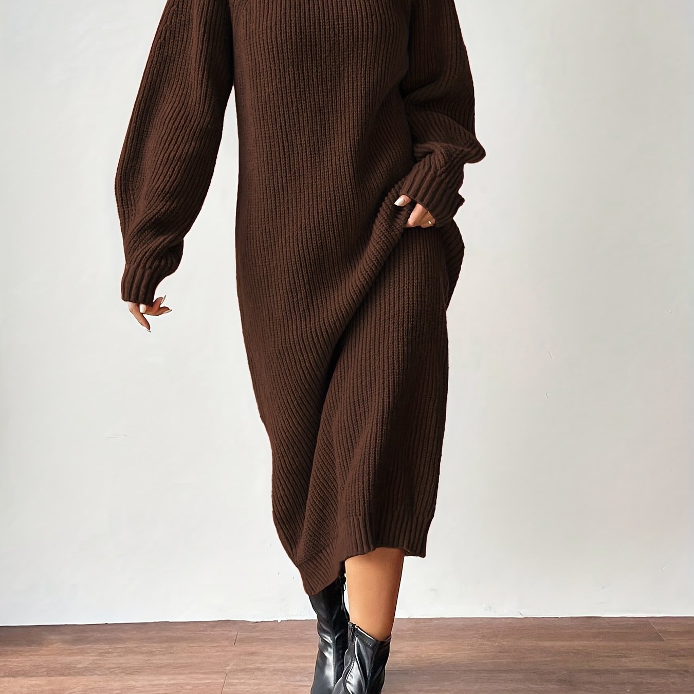 E-shop Damen Herbst/Winter warmes Weihnachtsfeier-Kleid, schlicht, einfarbig, mit hohem Stehkragen, texturiert, hochwertig, für den , vielseitig, für