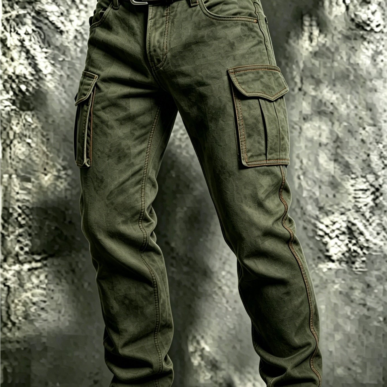 Image of Men' Army Multi-pocket Wear Resistant Cargo Pants, Vintage Casual Work Trousers For Outdoor, Belt Not Included