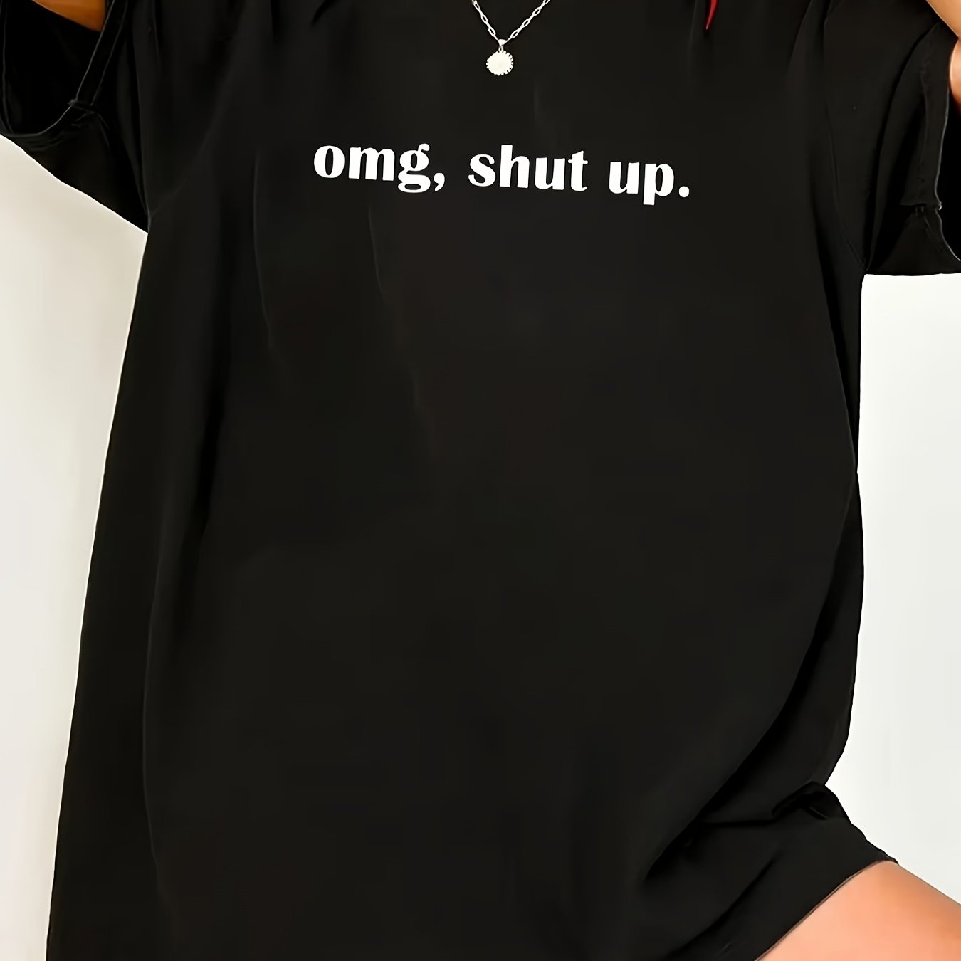 TEMU Plus Size, Women's Plus Size Oversized 'omg Shut Up' Slogan T-shirt - Oversized Casual Short Sleeve Round Neck Top, Suitable For Spring And