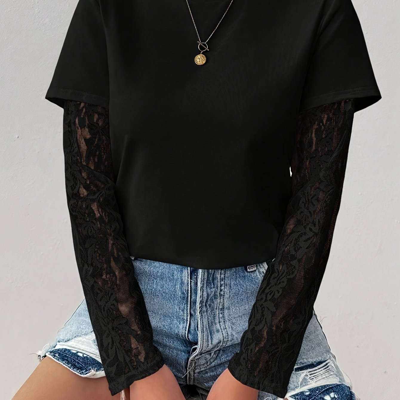 E-shop Frühlings-Sommer Einfarbig Kurzarm Spitzen-Patchwork Freizeit T-Shirt Damen Oberteil