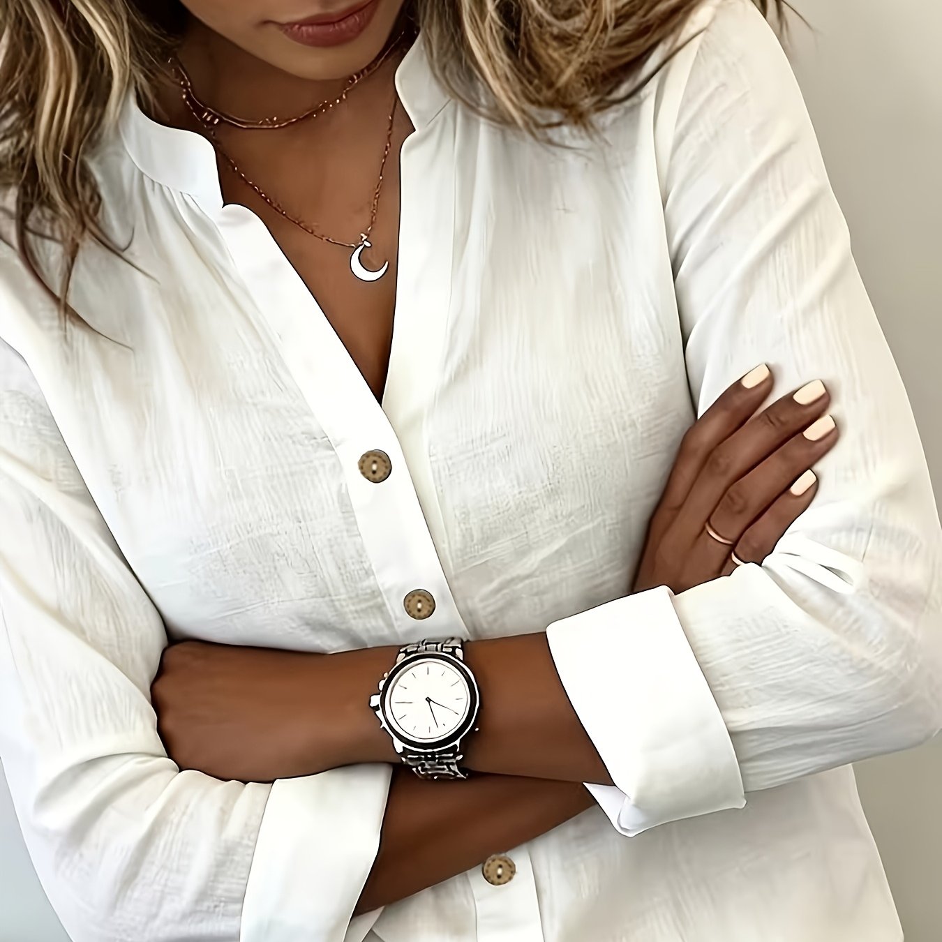 Round V-neck Bamboo Stripe Style Shirt Women's Long Sleeve