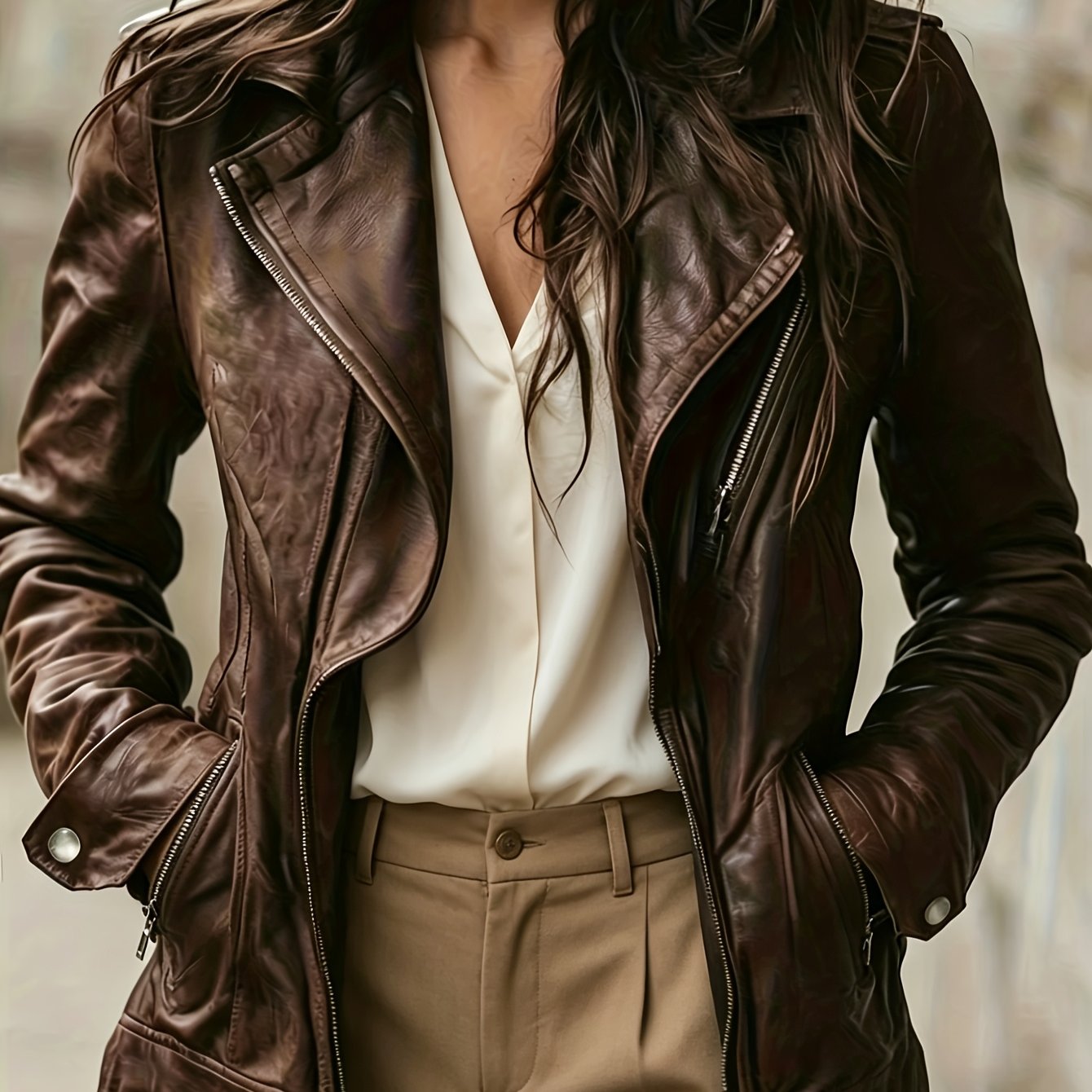 Plus Size - Women's Plus Size Retro Lapel Diagonal Zipper Jacket With Side Zipper Pockets, Autumn/winter Outerwear