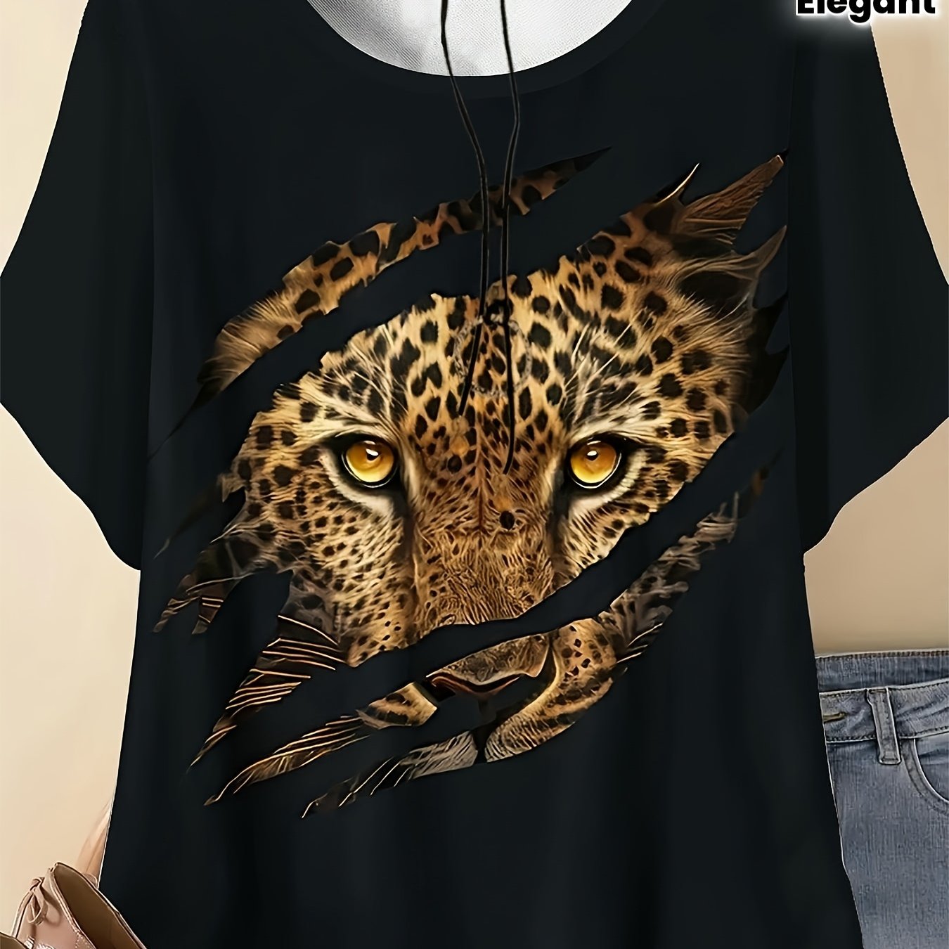 TEMU Plus Size, Plus-size Women's Clothing, Stylish Black Casual Top With Leopard Face Graphic Realistic Design Featuring Leopard From Fabric With