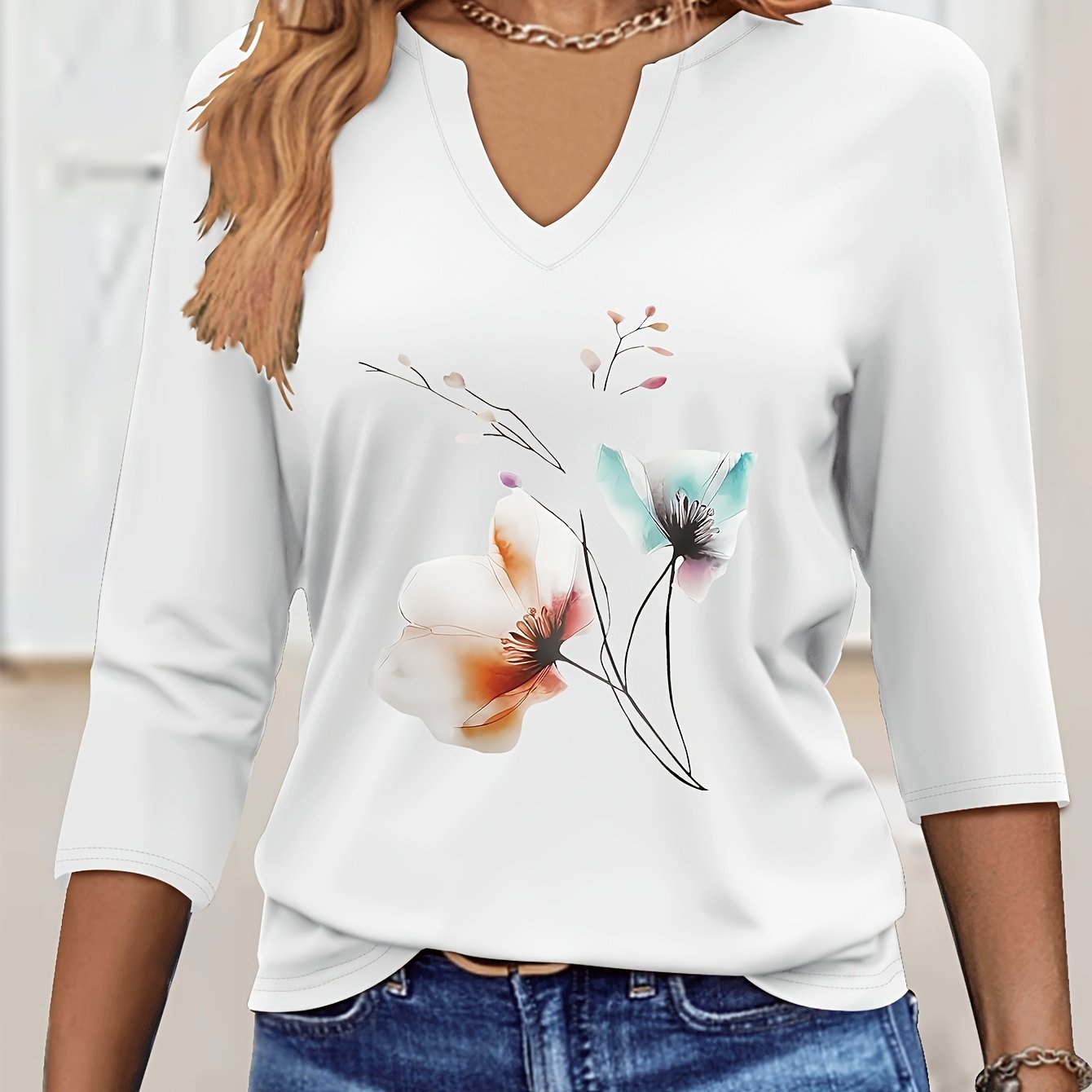 TEMU Graphic Print T-shirt, V-neck Three-quarter Sleeve T-shirt, Elegant Solid Color Top For Spring And Summer, Women's Wear