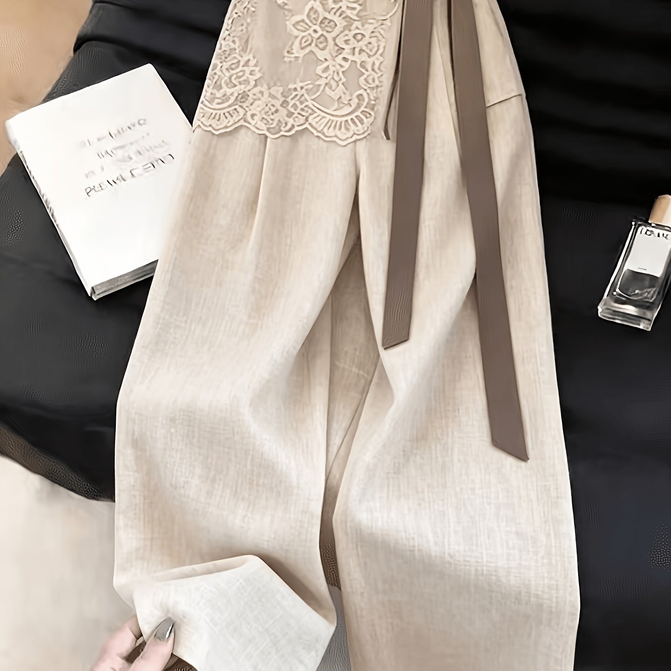 TEMU Women' Style Lace Design Statement Wide-leg Pants, Fashionable Straight Trousers [zllz]