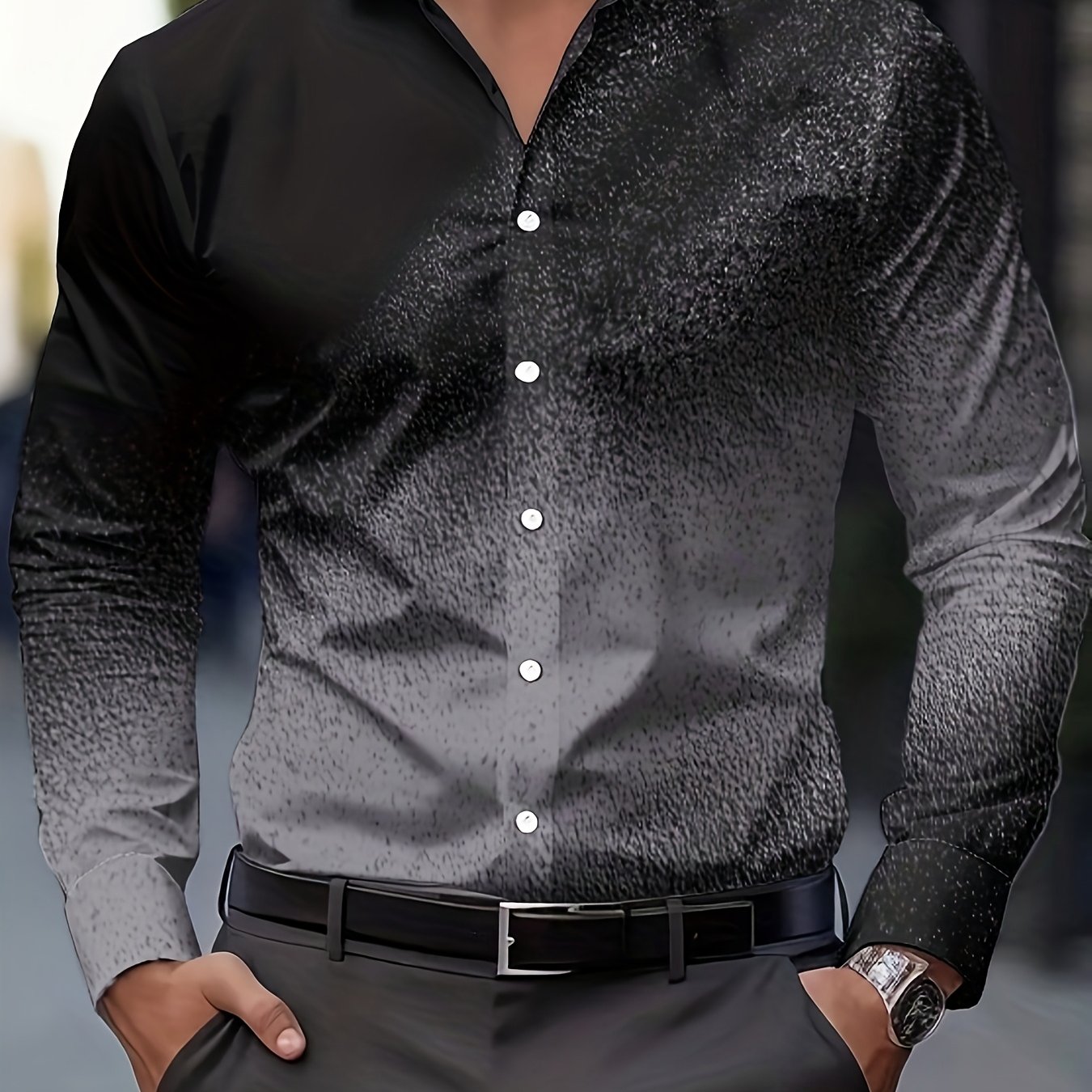 TEMU Men's Fashion Print Shirt, Spring/autumn Casual Breathable Turn- Collar Button-up Long Sleeve Shirt, Gradient, Color Block, Smart Casual, Spring