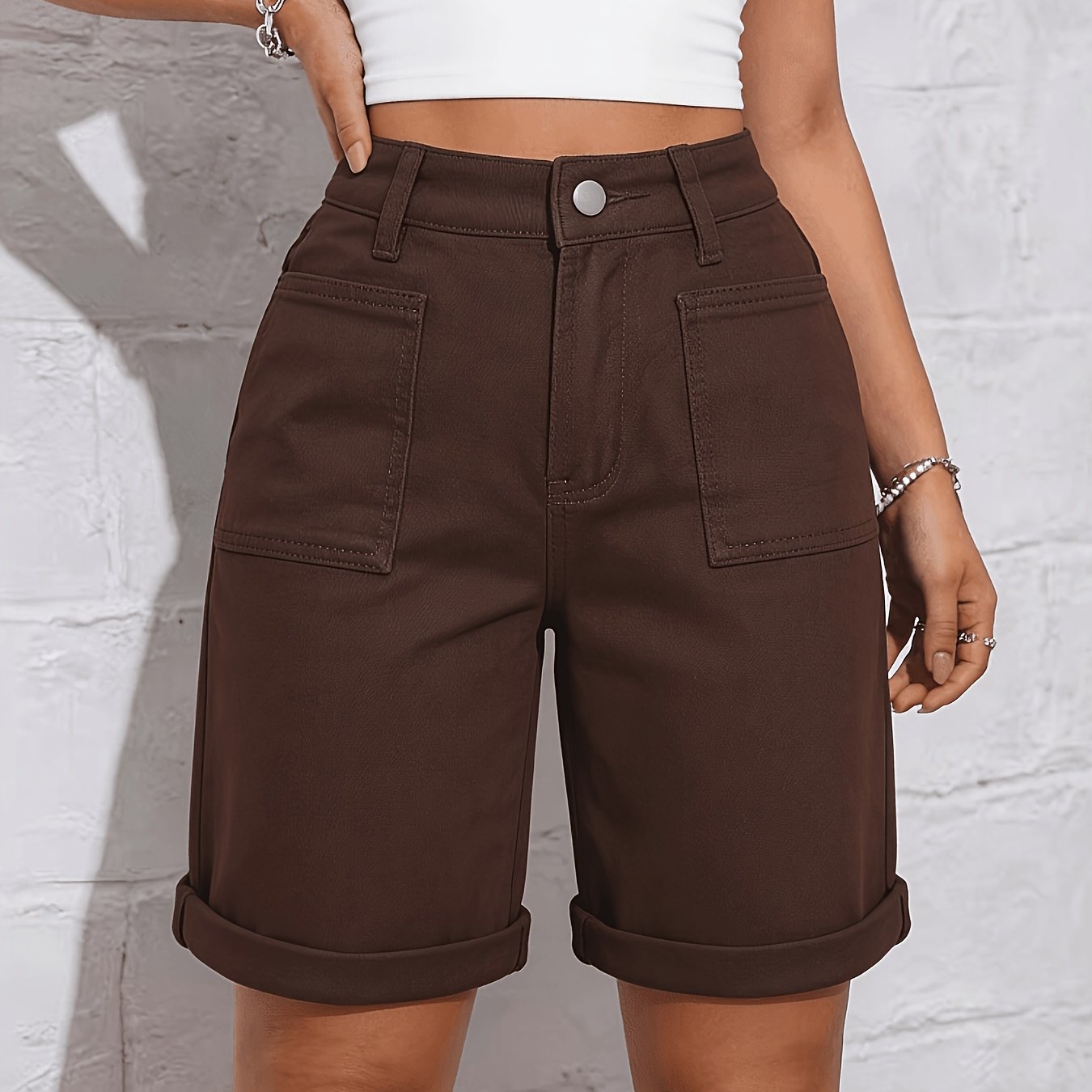 Women' Brown Stretch Capri Pants Denim Shorts