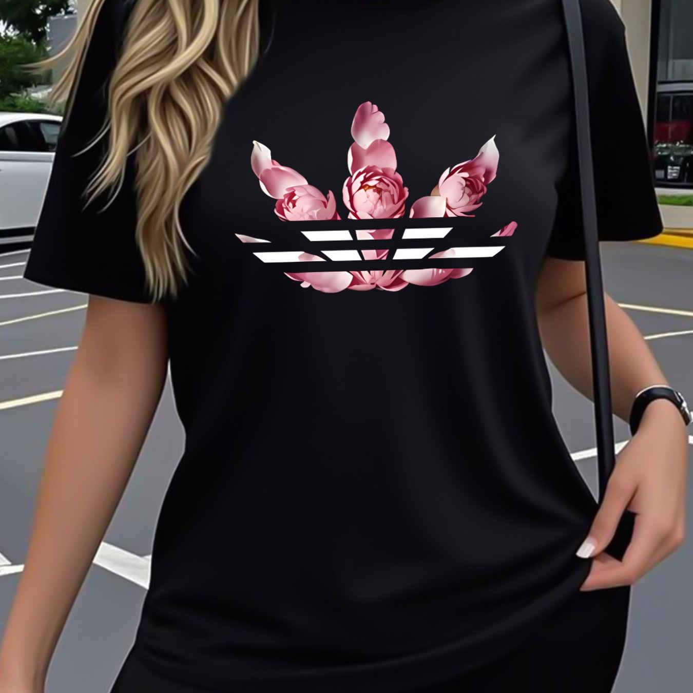 TEMU Pink Floral And White Striped Fashion Print Design Printed Pattern - Elegant Fashion - Y2k - Women's Round Neck Pullover Shirt Casual Short