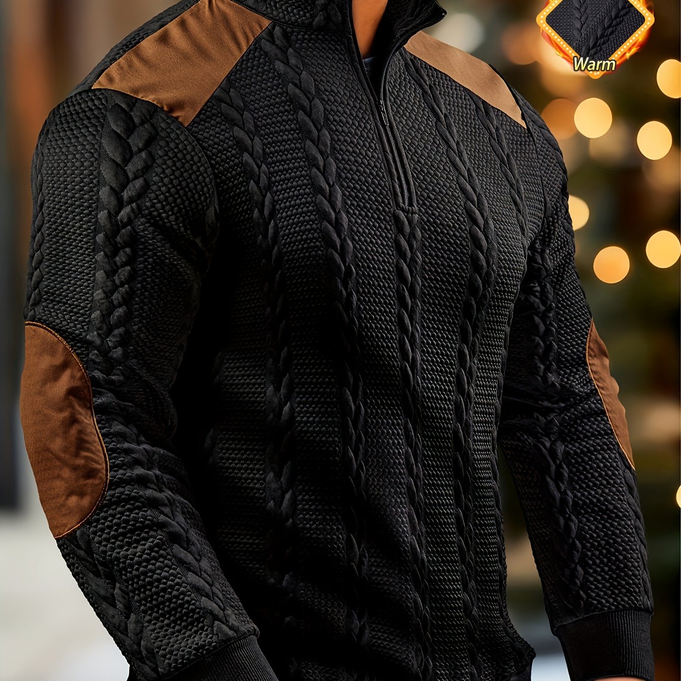 Image of Men's Fashion Top, Autumn Winter Casual Textured Wheat Texture Fabric Color-block Ribbed Zipper Long Sleeve Men's Henley Shirt