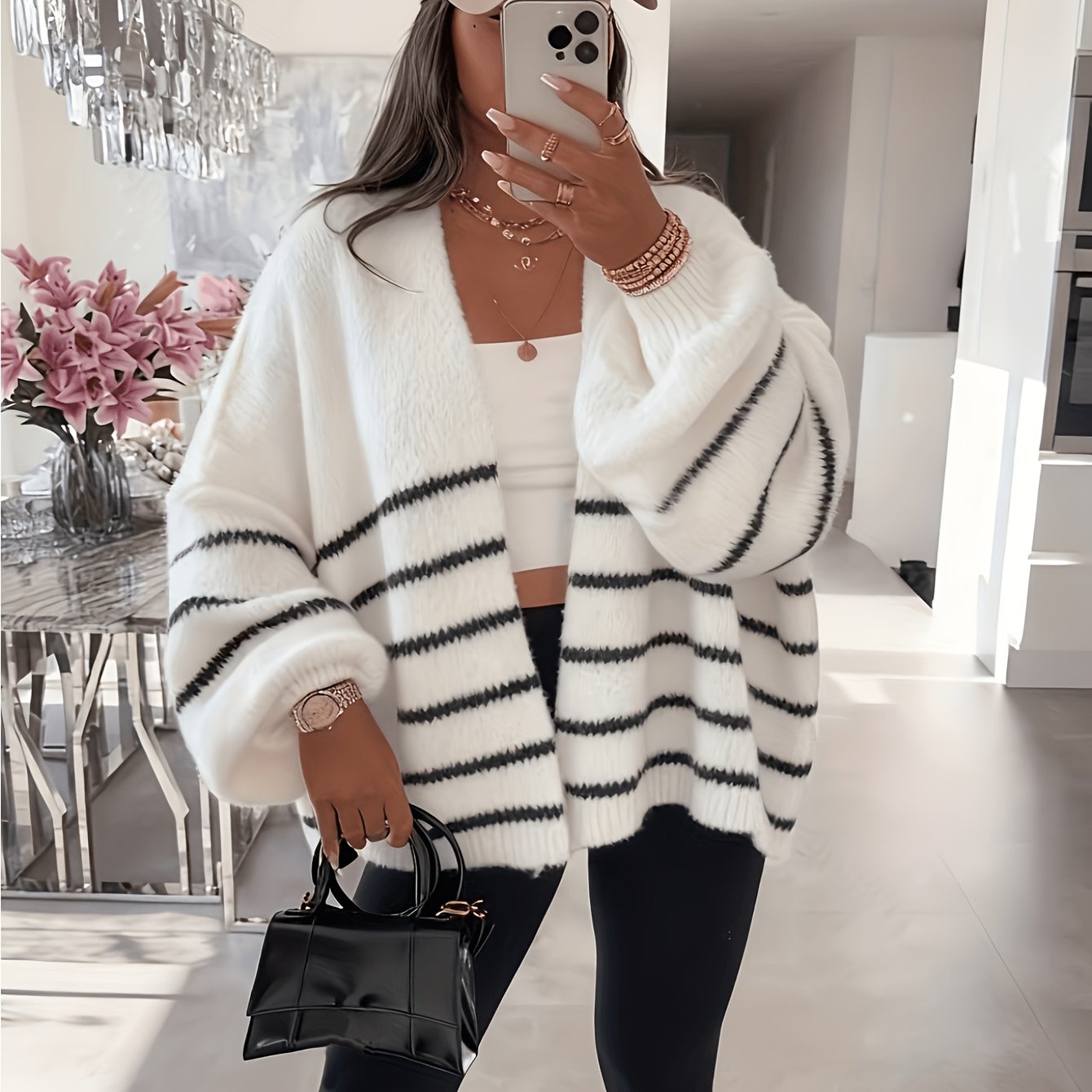 TEMU European And Women's Soft Floral Striped Cardigan, Loose And Elegant Style, Collarless Long-sleeve Outerwear, Casual And Versatile Sweater For