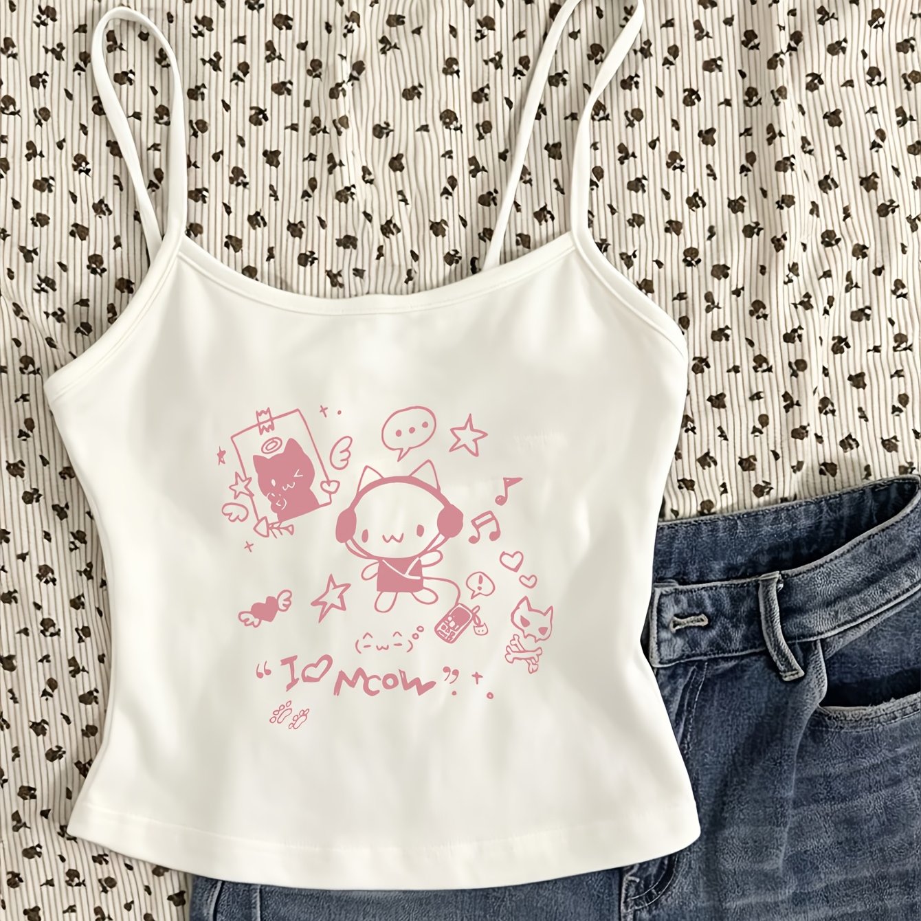 TEMU Cartoon Cute Printed Pattern, Niche And Mini Camisole For Daily Wear And Street Style, Latest Spring/summer Camisole Top For Women, Single Piece
