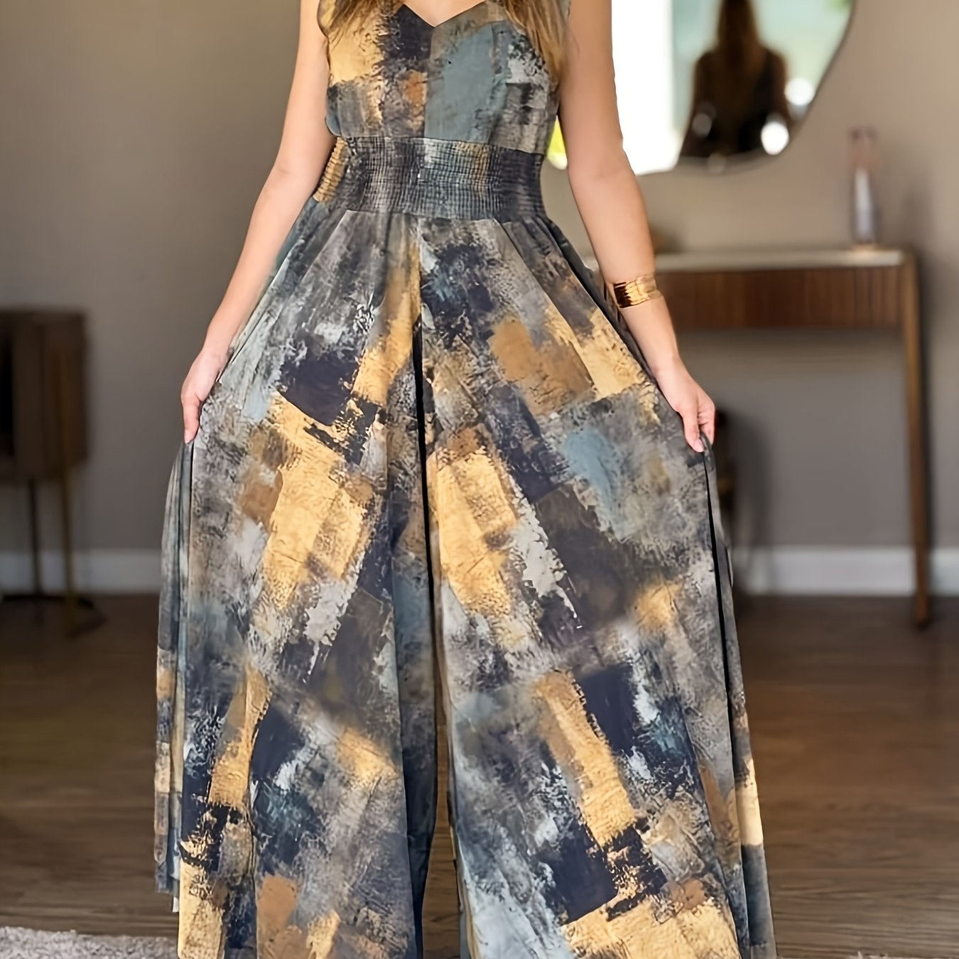 TEMU Cherry Latin American Women's Printed V-neck Spaghetti Strap High-waist Backless Jumpsuit, Casual Ruched Waist Cinched Wide-leg Jumpsuit