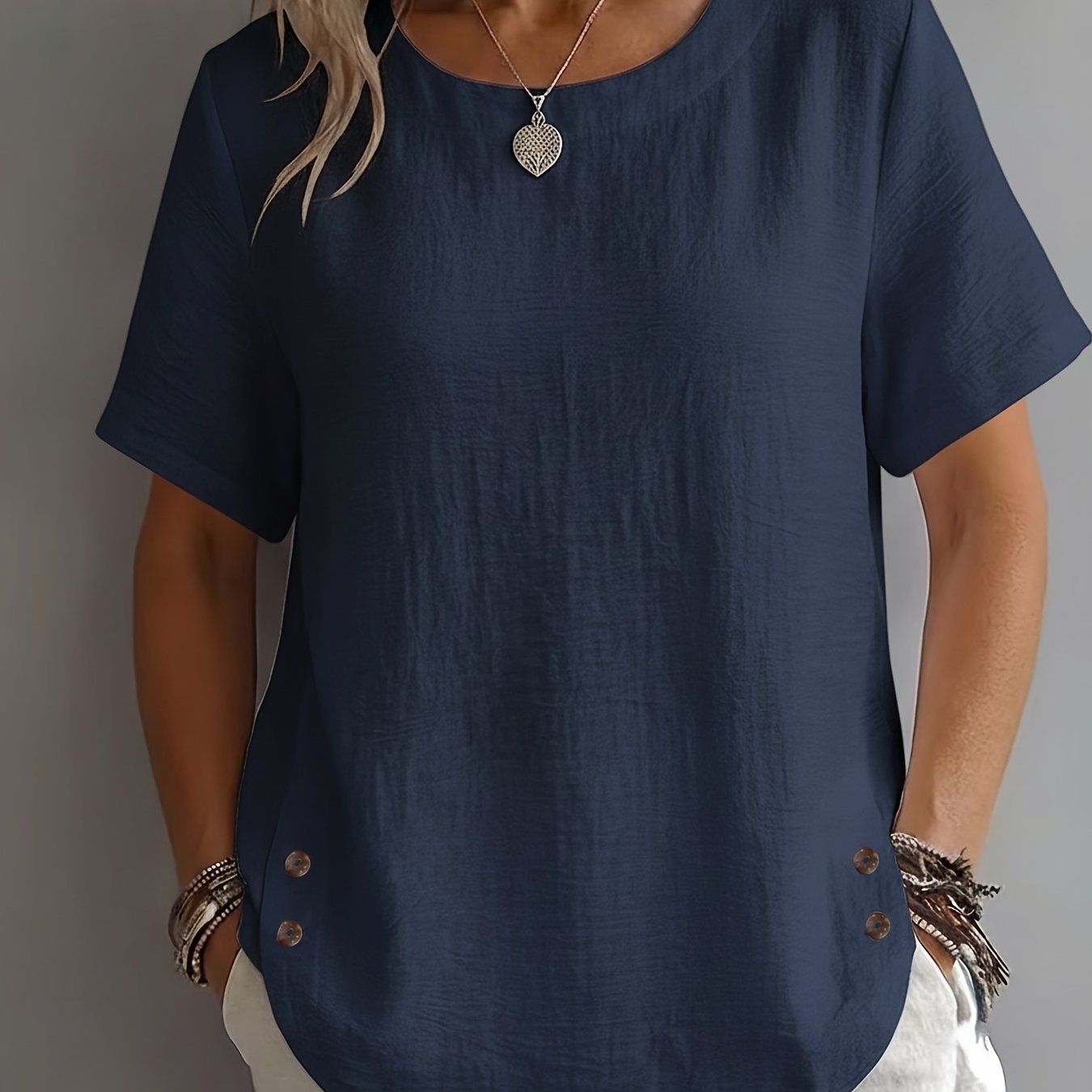 TEMU Solid Color Sz Spring/summer Women' Color Casual Versatile Commuter Loose Fit Round Neck Short Sleeve Top