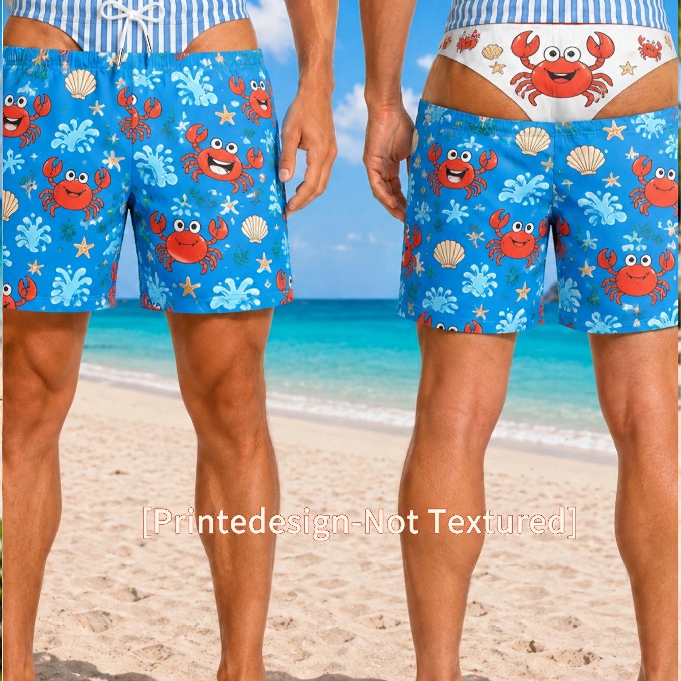 TEMU [print Design Non-textured] Summer Men's Abstract All-match Retro Men's Cartoon Print Fake 2pcs Beach Pants, Elastic Drawstring Bermuda Shorts,