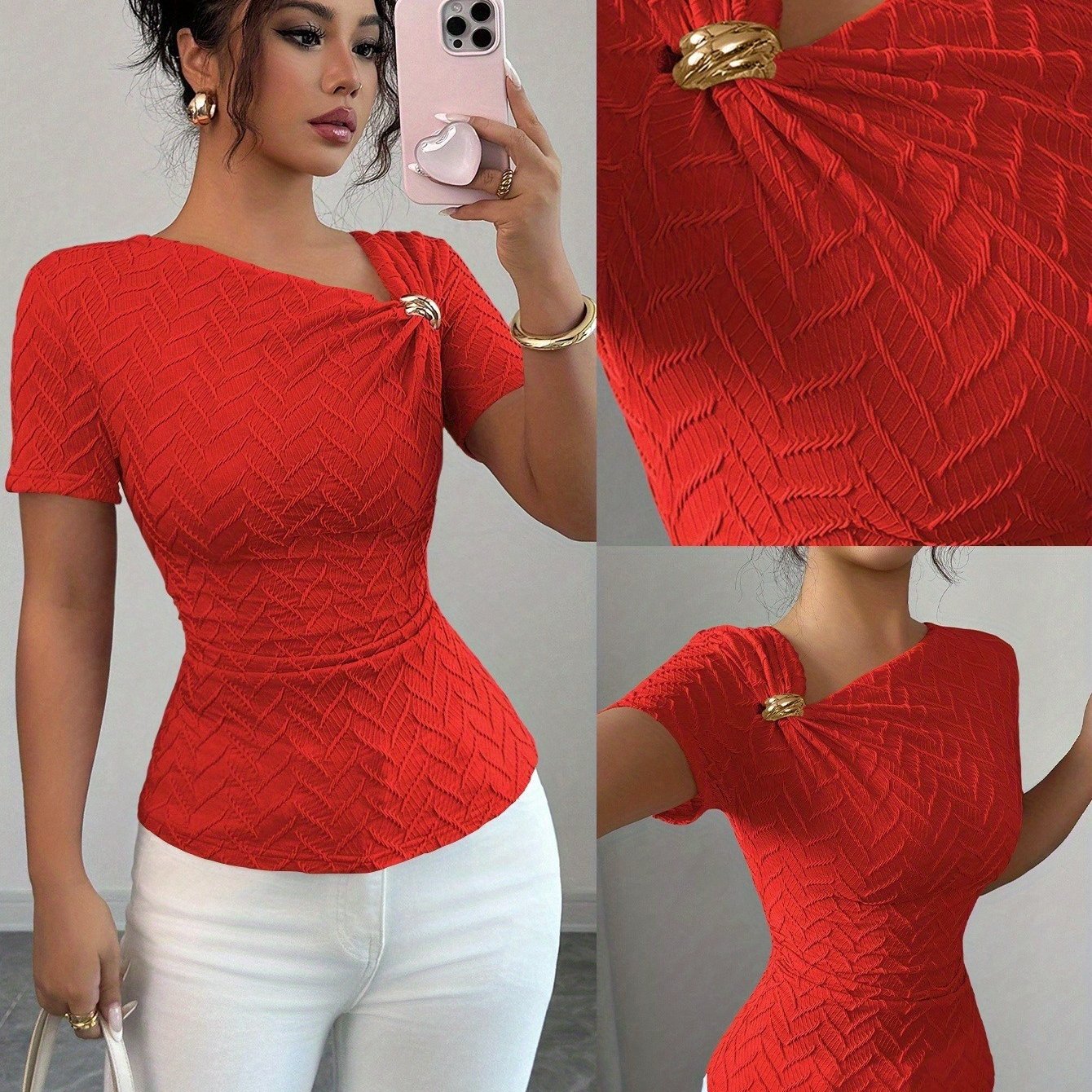 TEMU Women's Elegant Irregular Neckline Metal Decorated Short-sleeved T-shirt