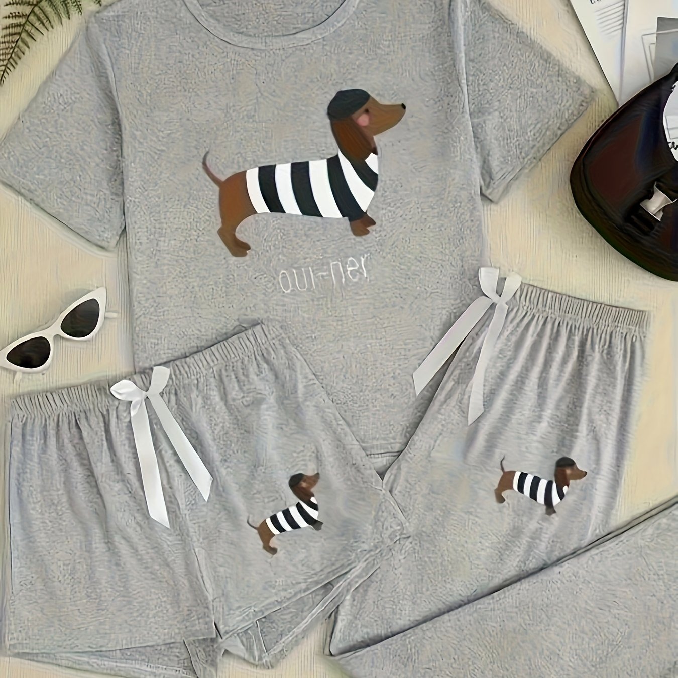 TEMU Women's Dachshund Pajama Set - 3pcs Short Sleeve Nightgown With Matching Shorts & Camisole, Pajamas For Cozy Sleepwear, Machine Washable French