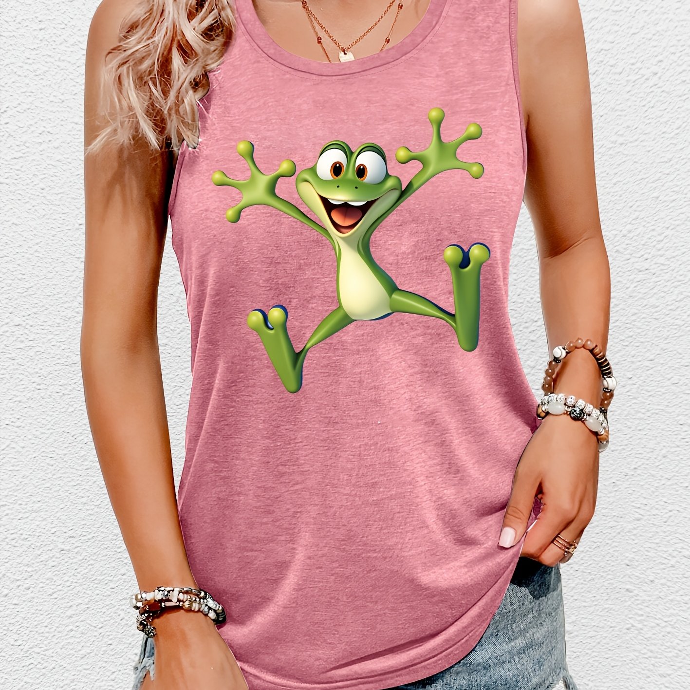 TEMU Elegant Party Cute Sleeveless Tank Top With A Jumping Frog Print, Featuring A Round Neck For A Casual And Fashionable Retro Style. Ideal For
