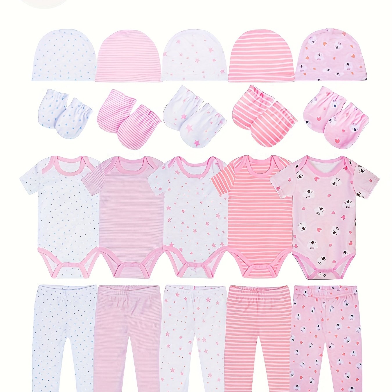 TEMU 20pcs Newborn Clothing Set Made Of Bamboo Fiber, Including 5 Onesies, 5 Pairs Of Pants, 5 Hats, And 5 Pairs Of Mittens, For Outdoor