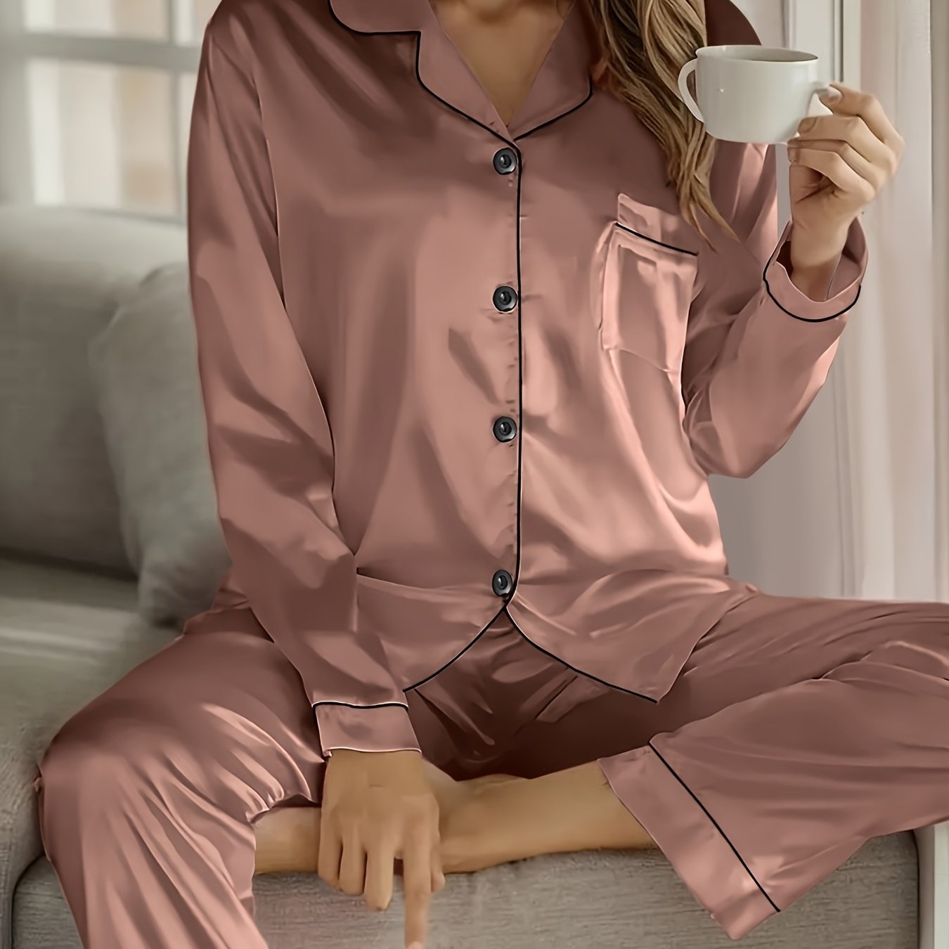 TEMU Women's Satin Loungewear Pajama Set, 2pcs Per Set. Lapel Long-sleeve Top & Elastic Waist Long Pants Sleepwear For Women